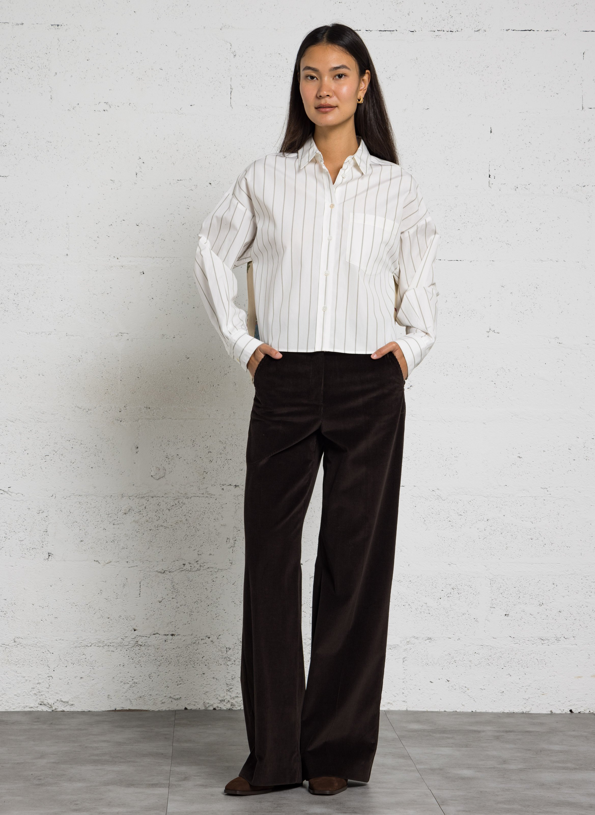 Recht en kort gestreept katoenen overhemd MAX MARA WEEK END Bruin