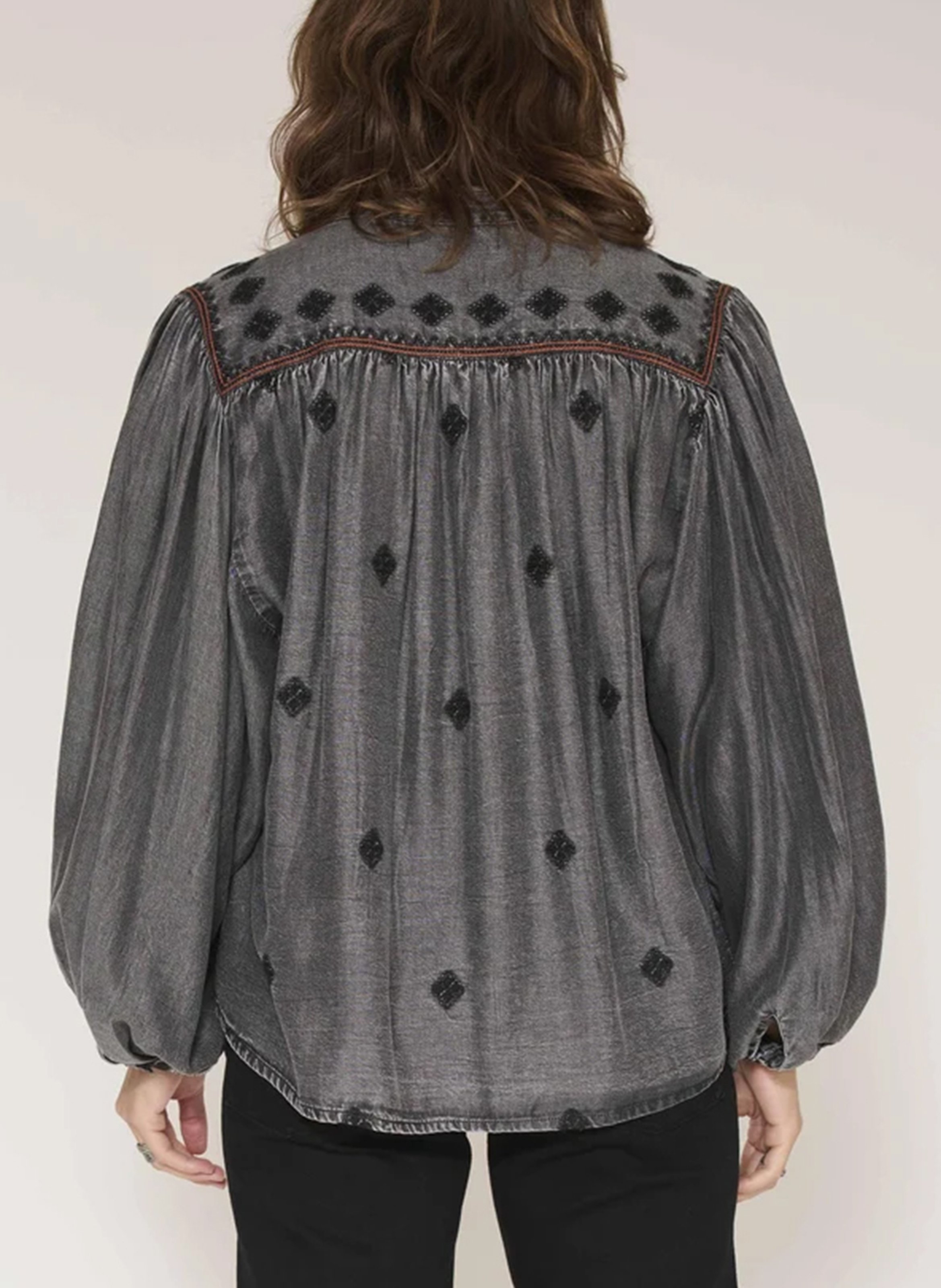 Round-neck denim blouse with embroidery MKT Grey