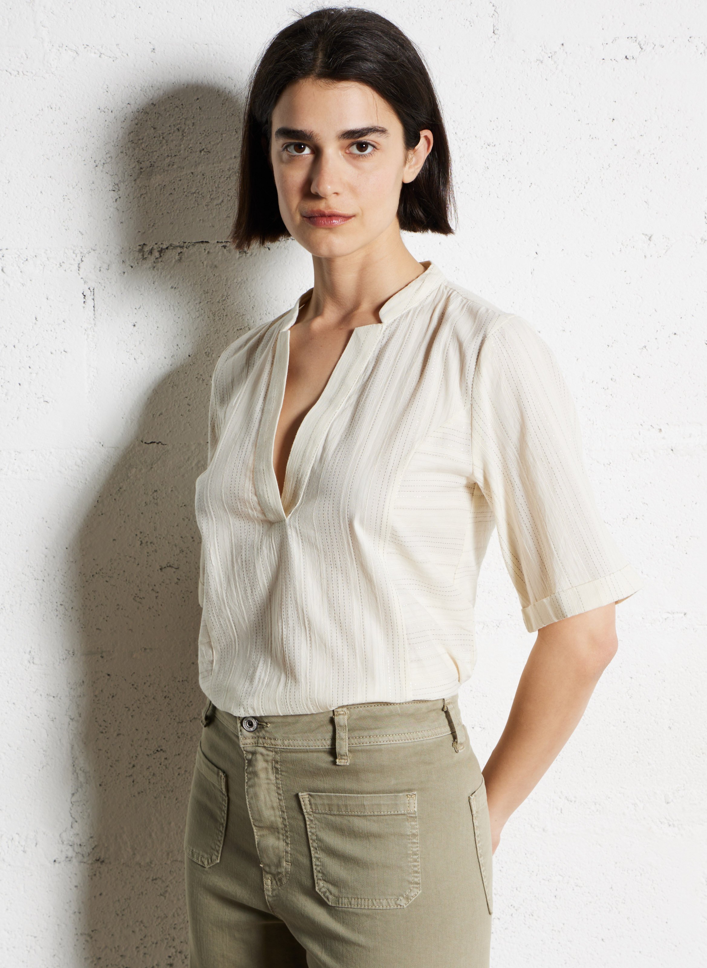 Tunisian collar blouse with metallic threads VILA Beige