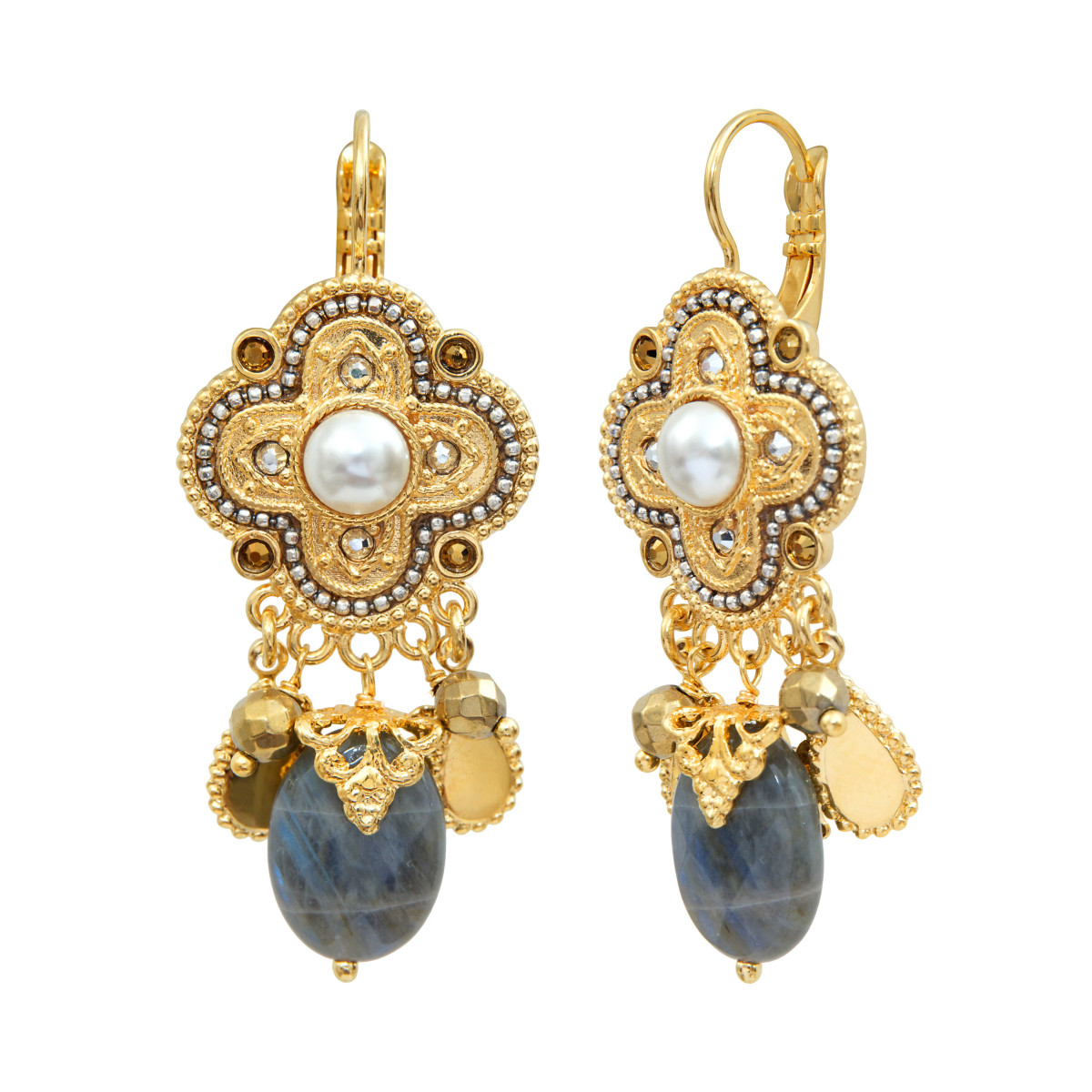 Positano labradorite and mother-of-pearl cabochon sleeper earrings SATELLITE PARIS Grey