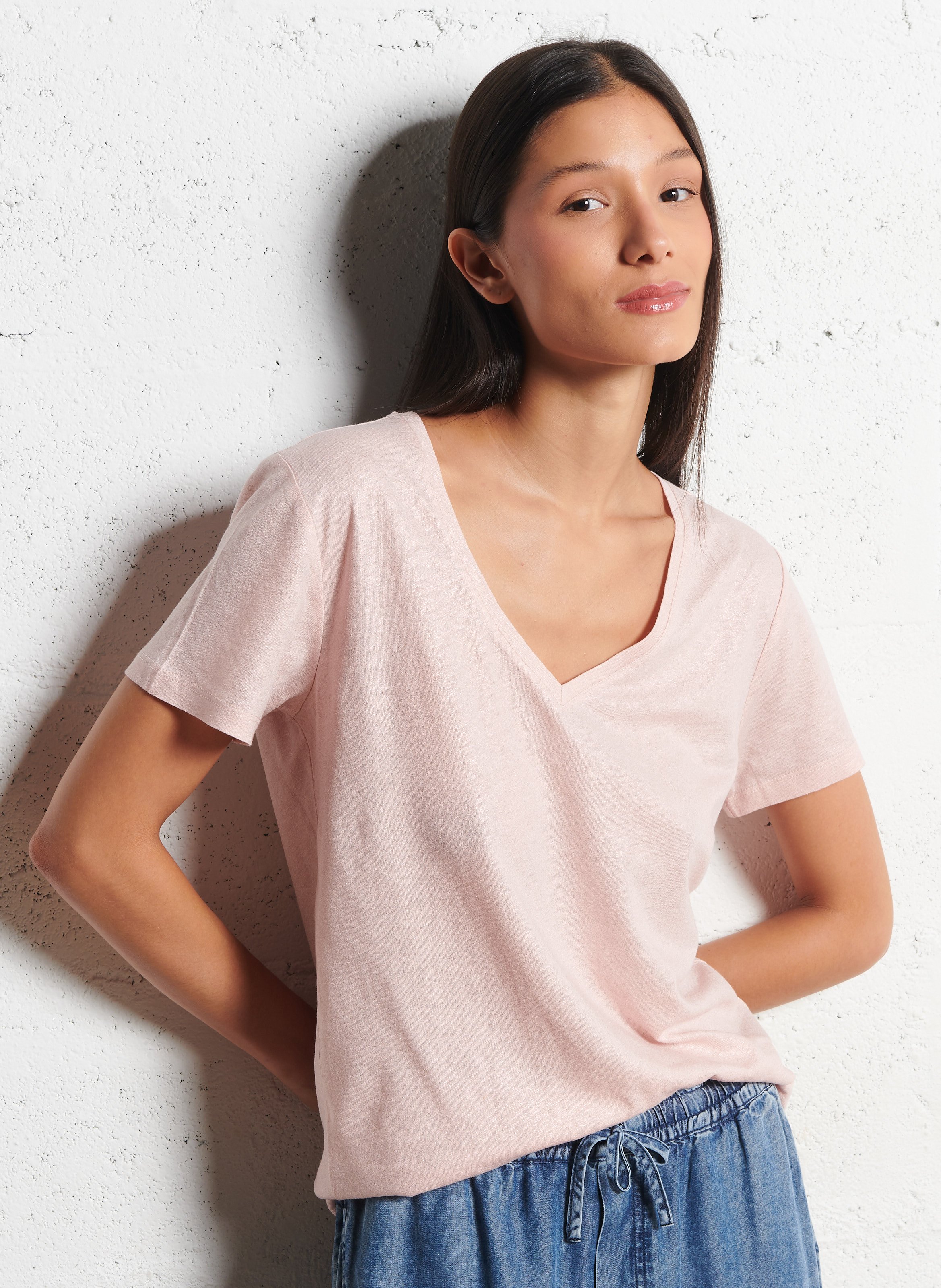 Glitzerndes V-Ausschnitt T-Shirt aus Leinenmischung IKKS Rosa