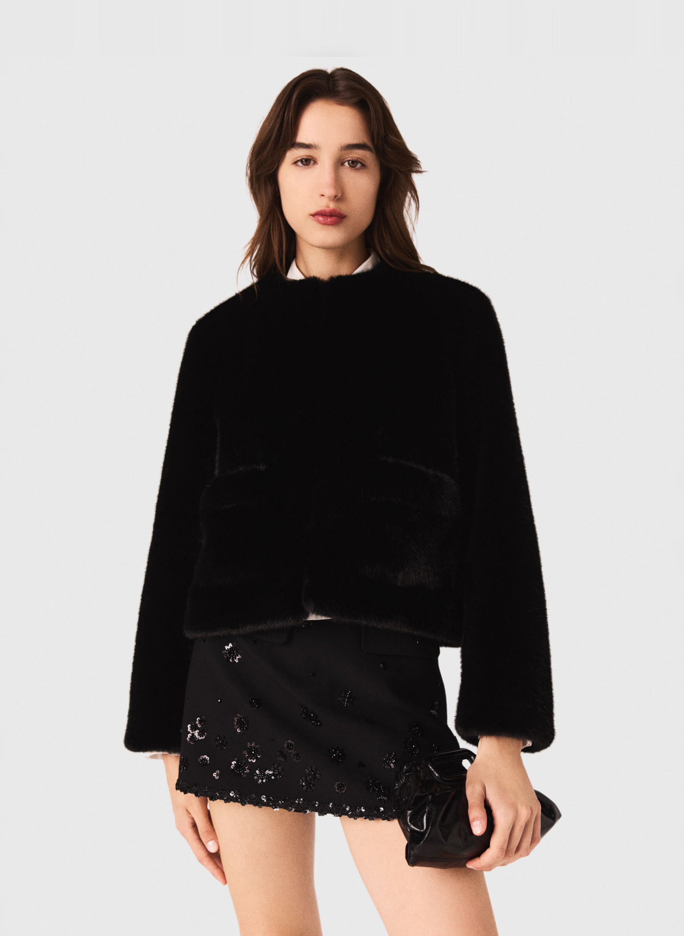 Round neck faux fur jacket MAJE Black