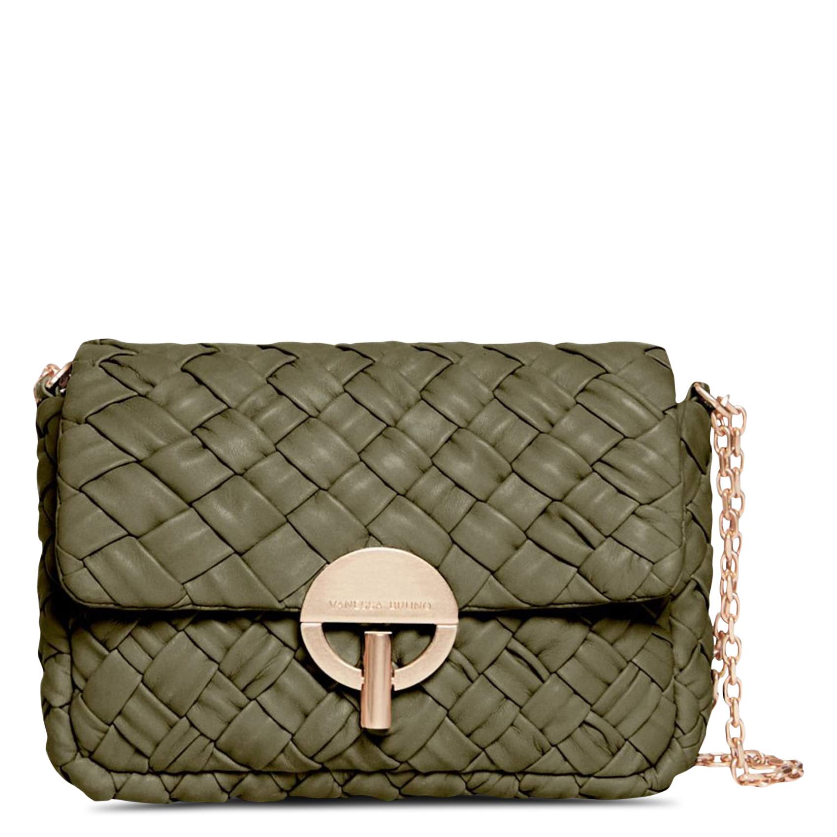 Gevlochten, leren schoudertas MOON M Kaki