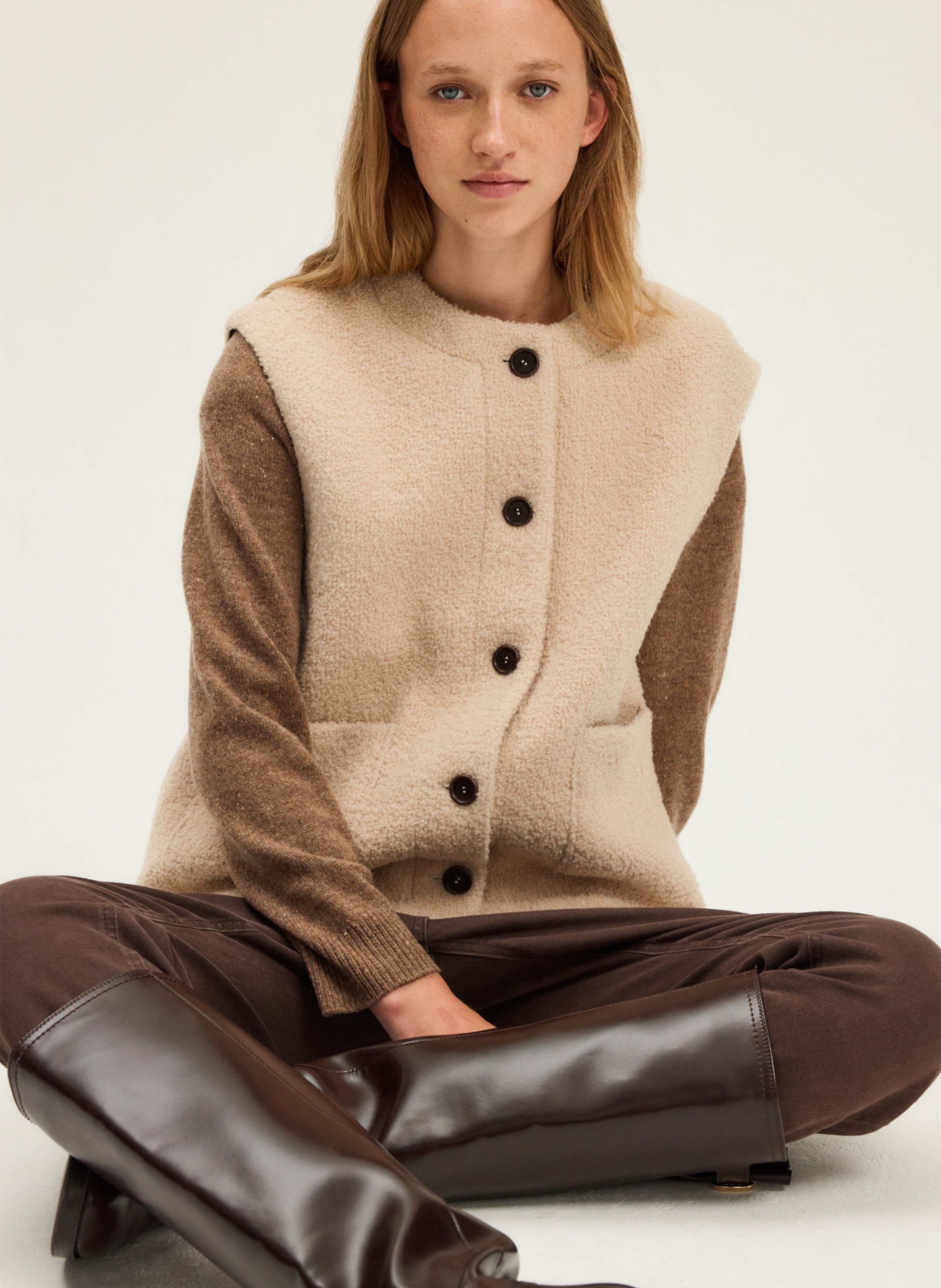 Round-neck mixed-knit cardigan PABLO Beige