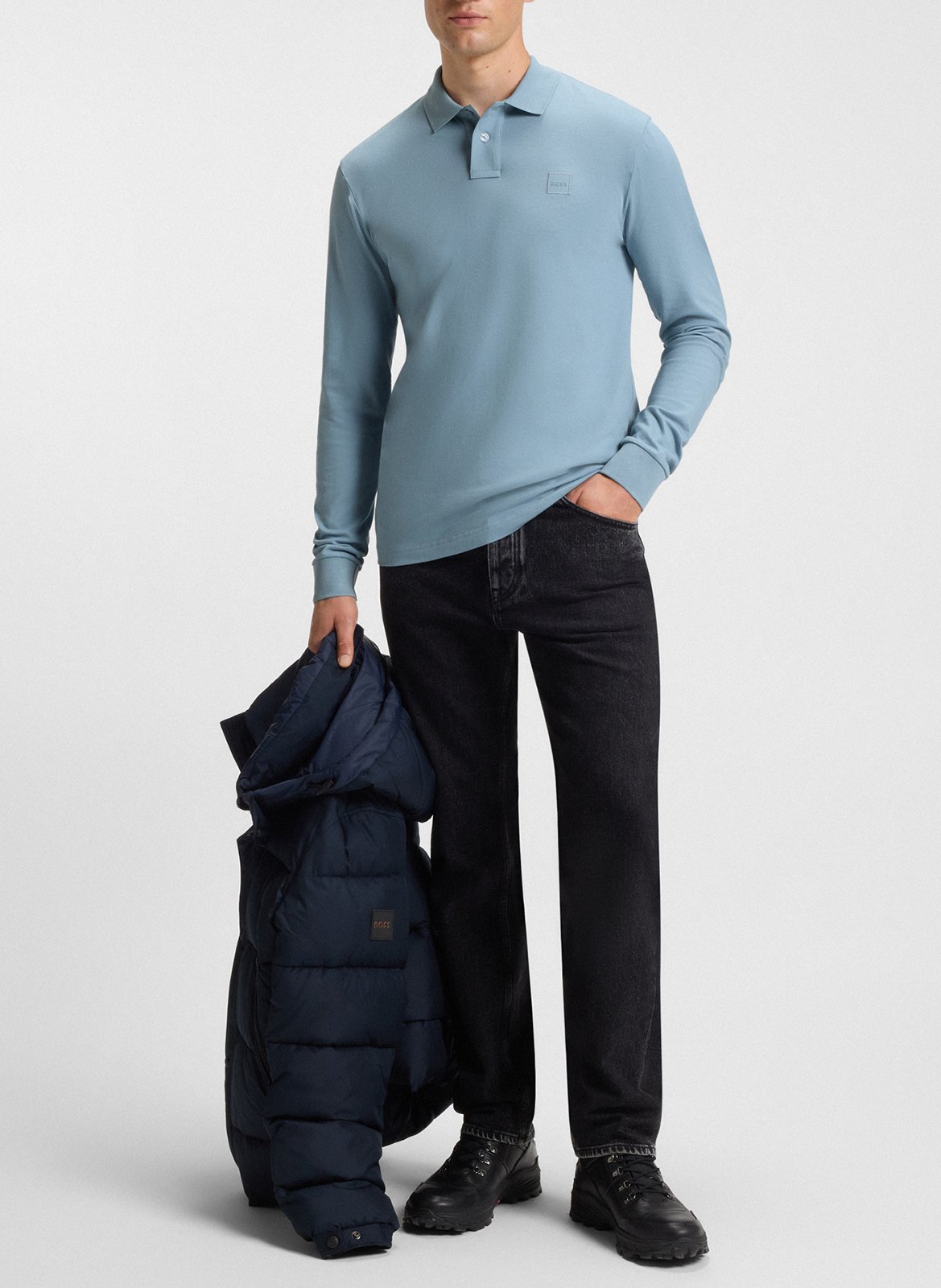 Regular-fit long-sleeved cotton-blend polo shirt BOSS Blue