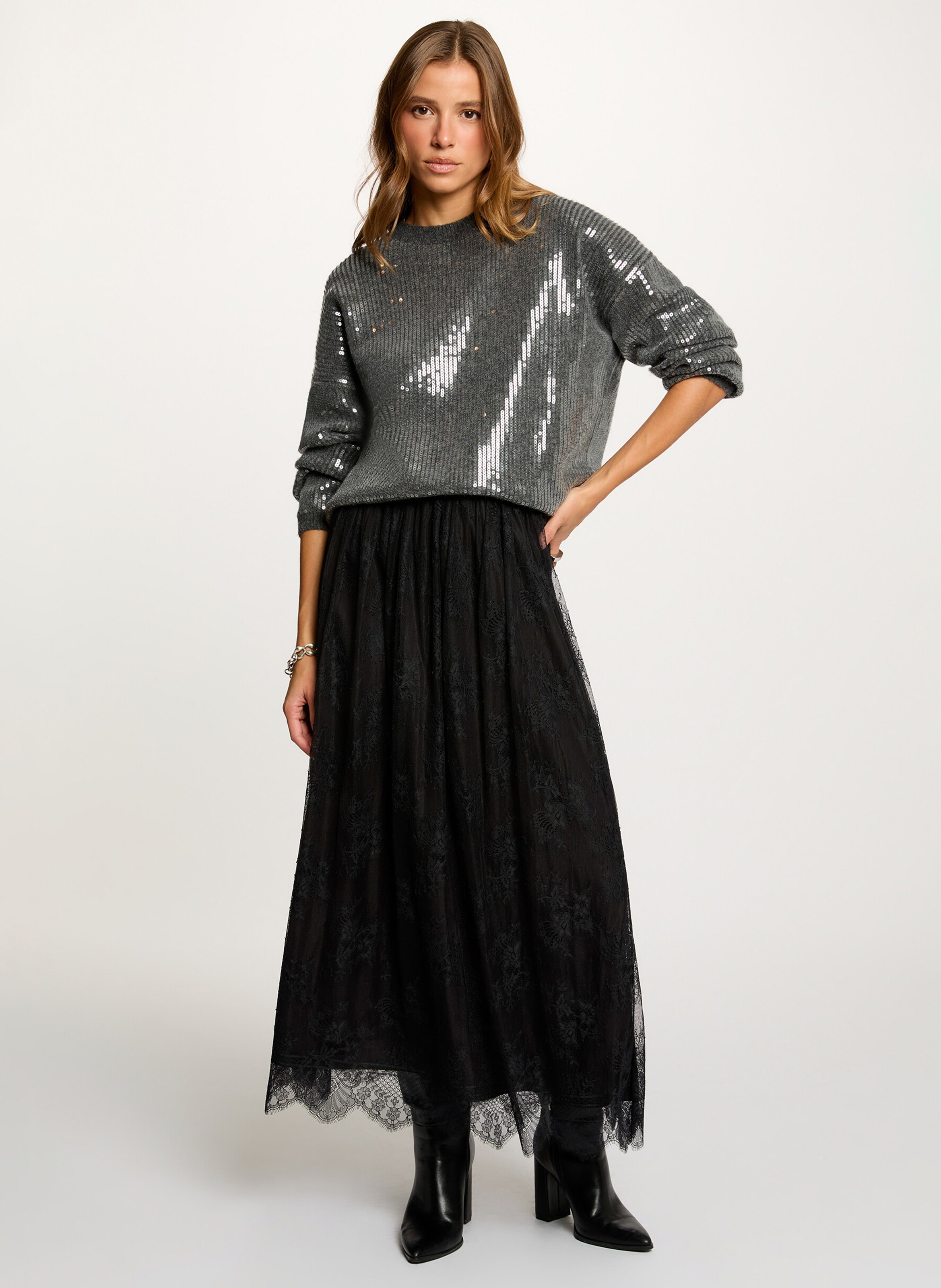 Oversized round neck sweater with sequins MORGAN Grey