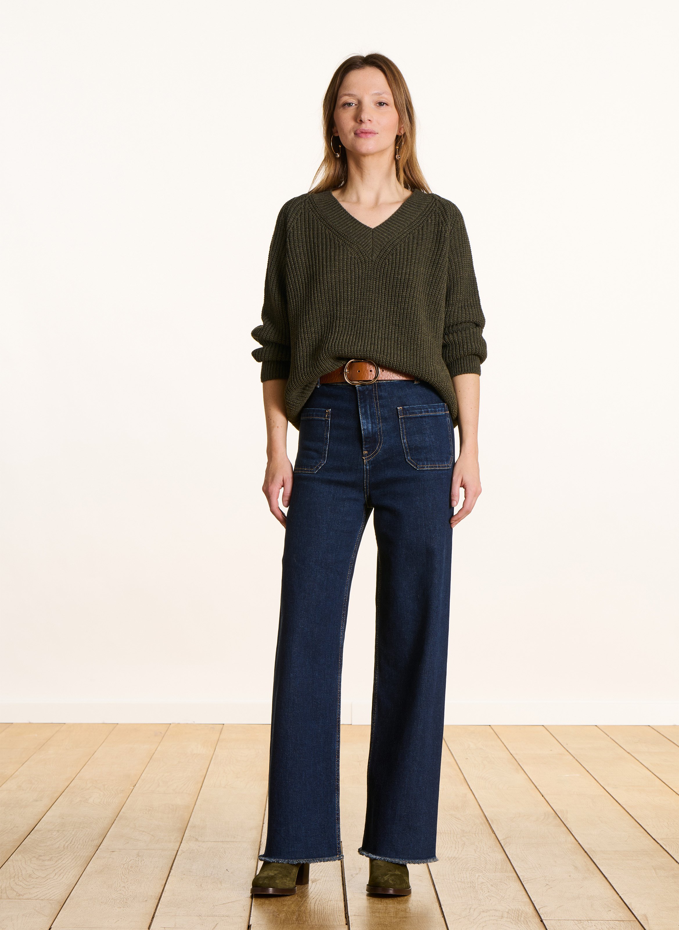 Pull droit col V en maille mélangée LA FEE MARABOUTEE Vert