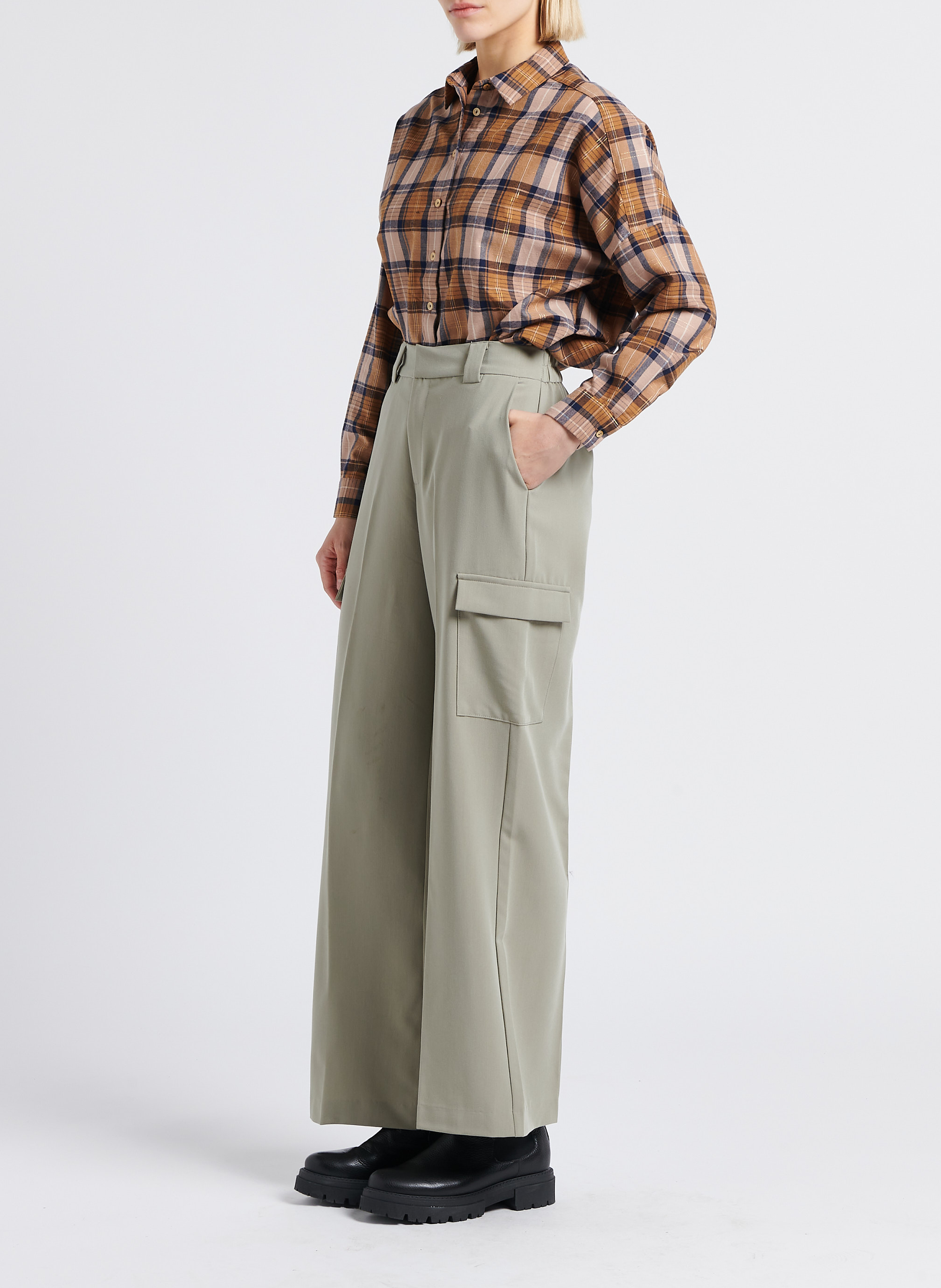 High-waisted flowing cargo pants GRACE ET MILA Green