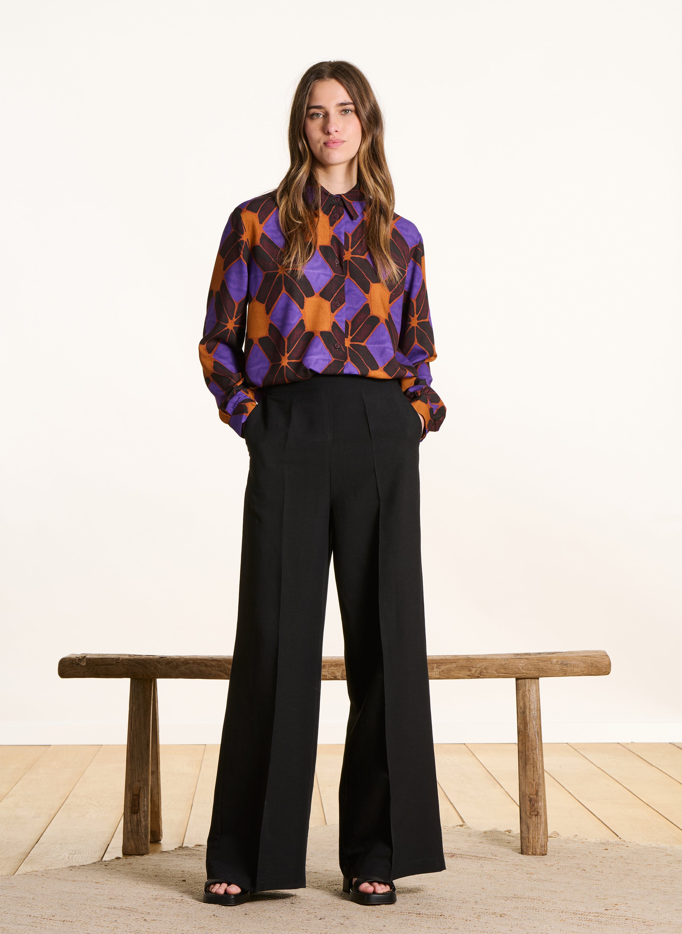 Pantalon large taille haute uni Noir