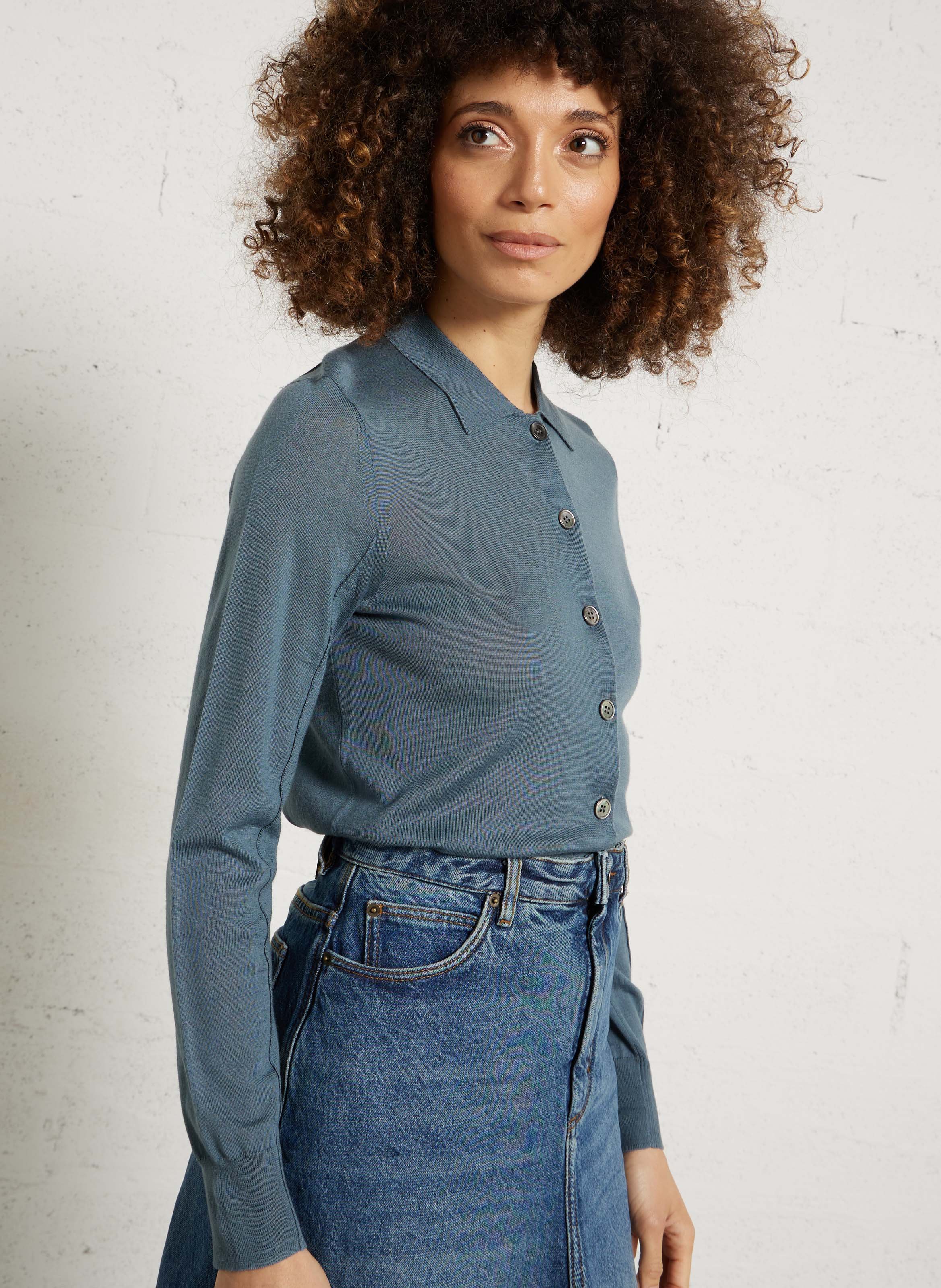 Straight classic collar wool cardigan SOEUR Blue