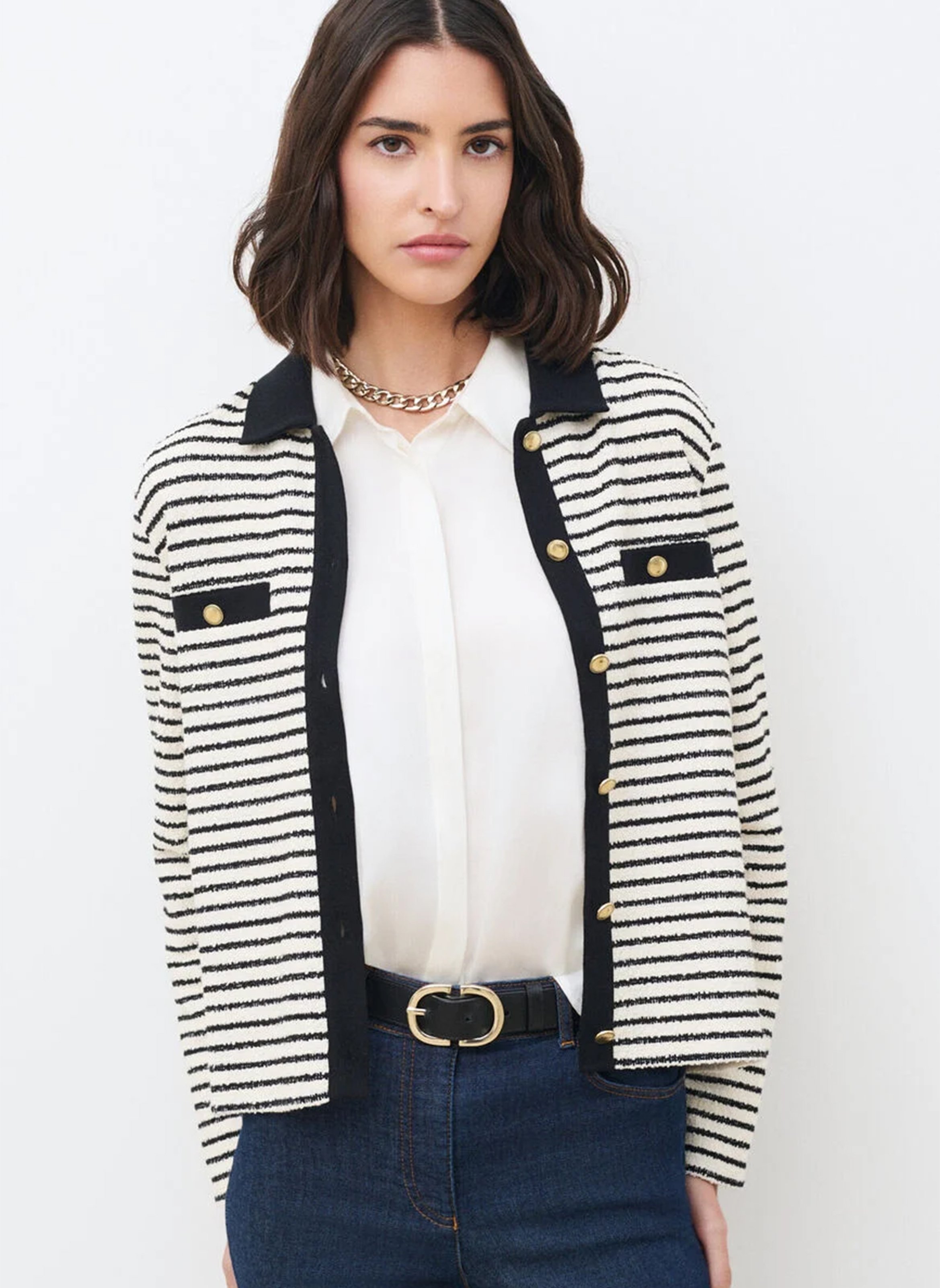 Gilet droit col classique en coton mélangé rayé CAROLL Beige