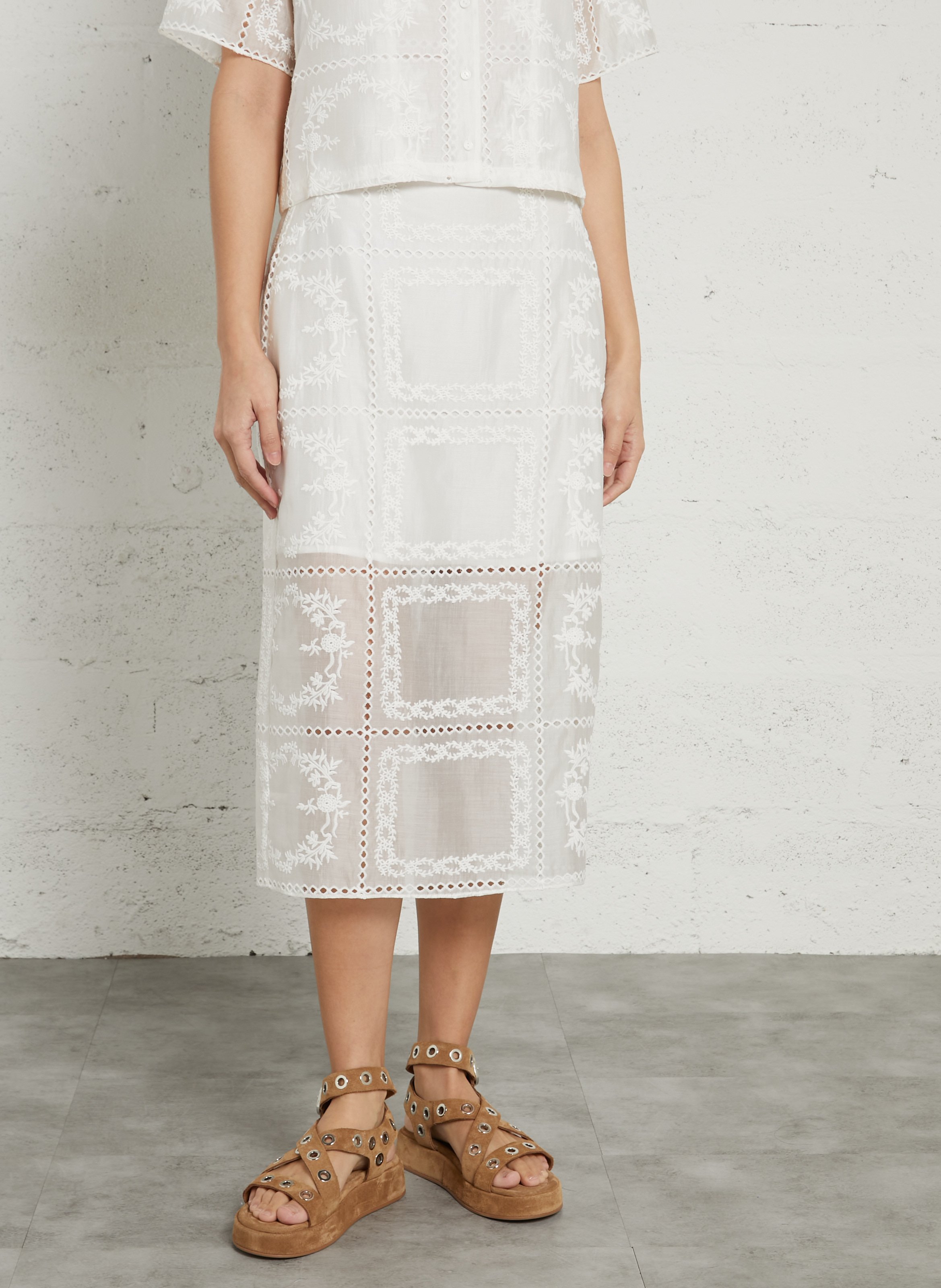 Embroidered midi skirt BERENICE White