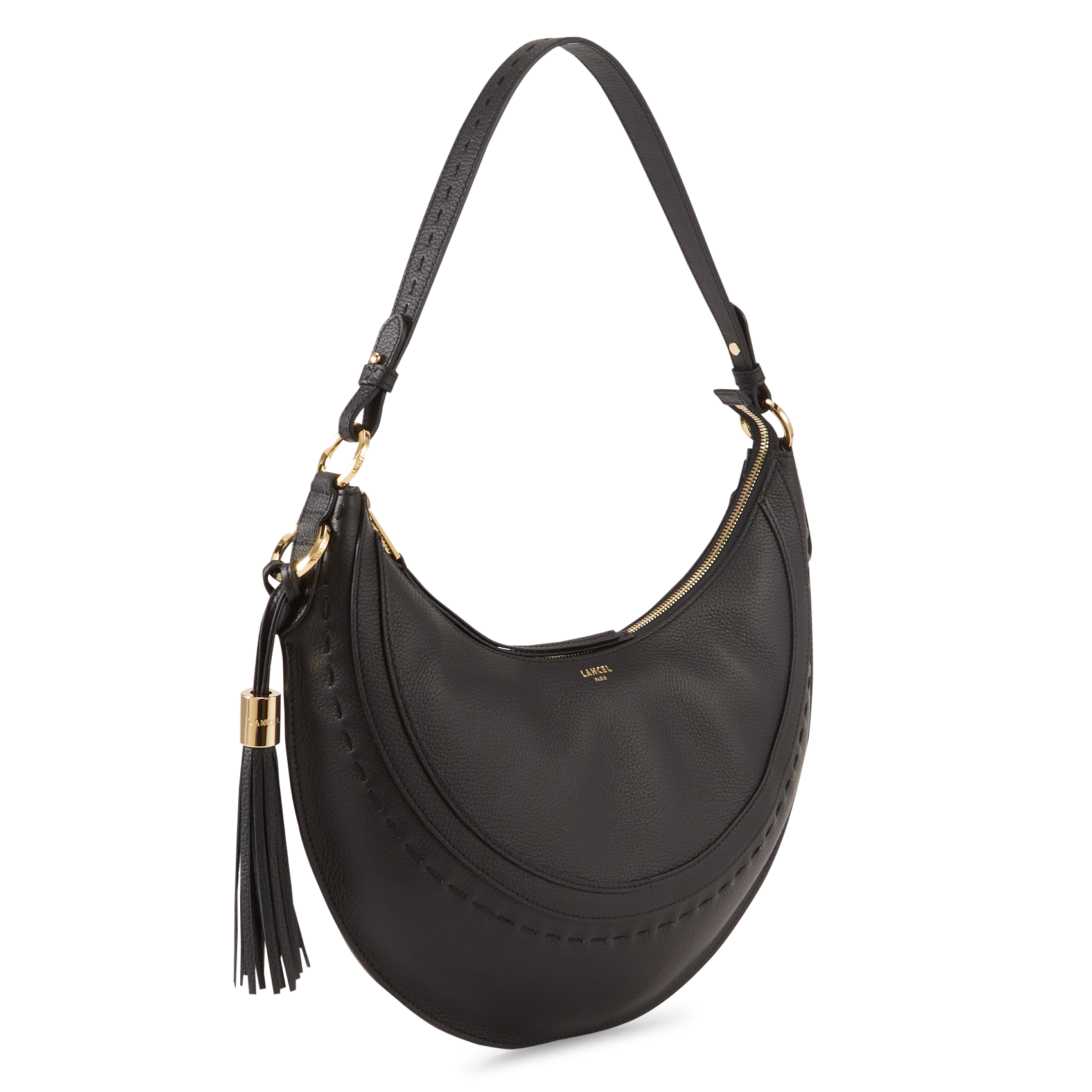 Uni-Farbene, mit Reißverschluss versehene Hobo-Tasche aus Leder. LANCEL Schwarz