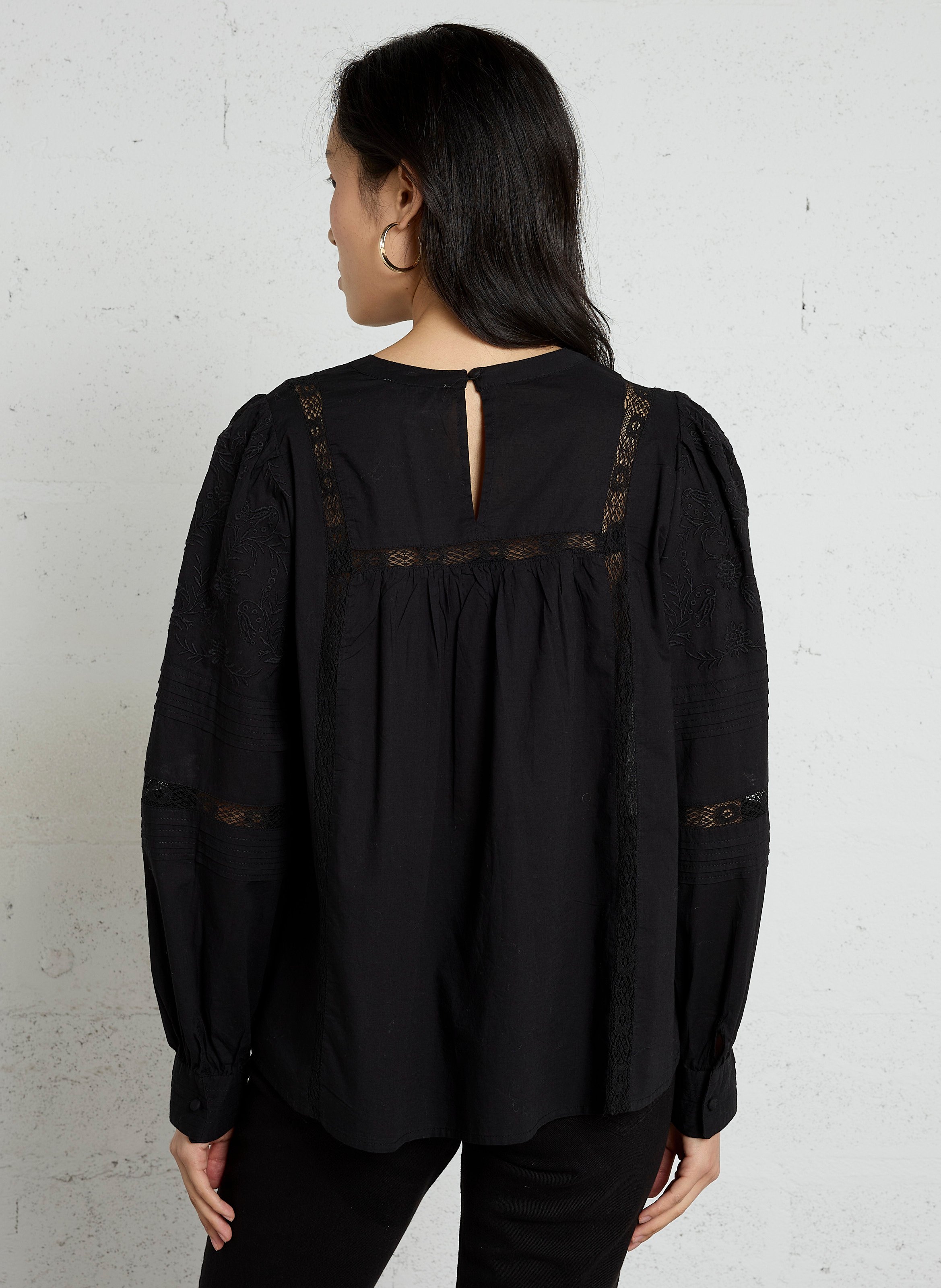 Blouse droite col rond à dentelle en coton SUD EXPRESS Noir