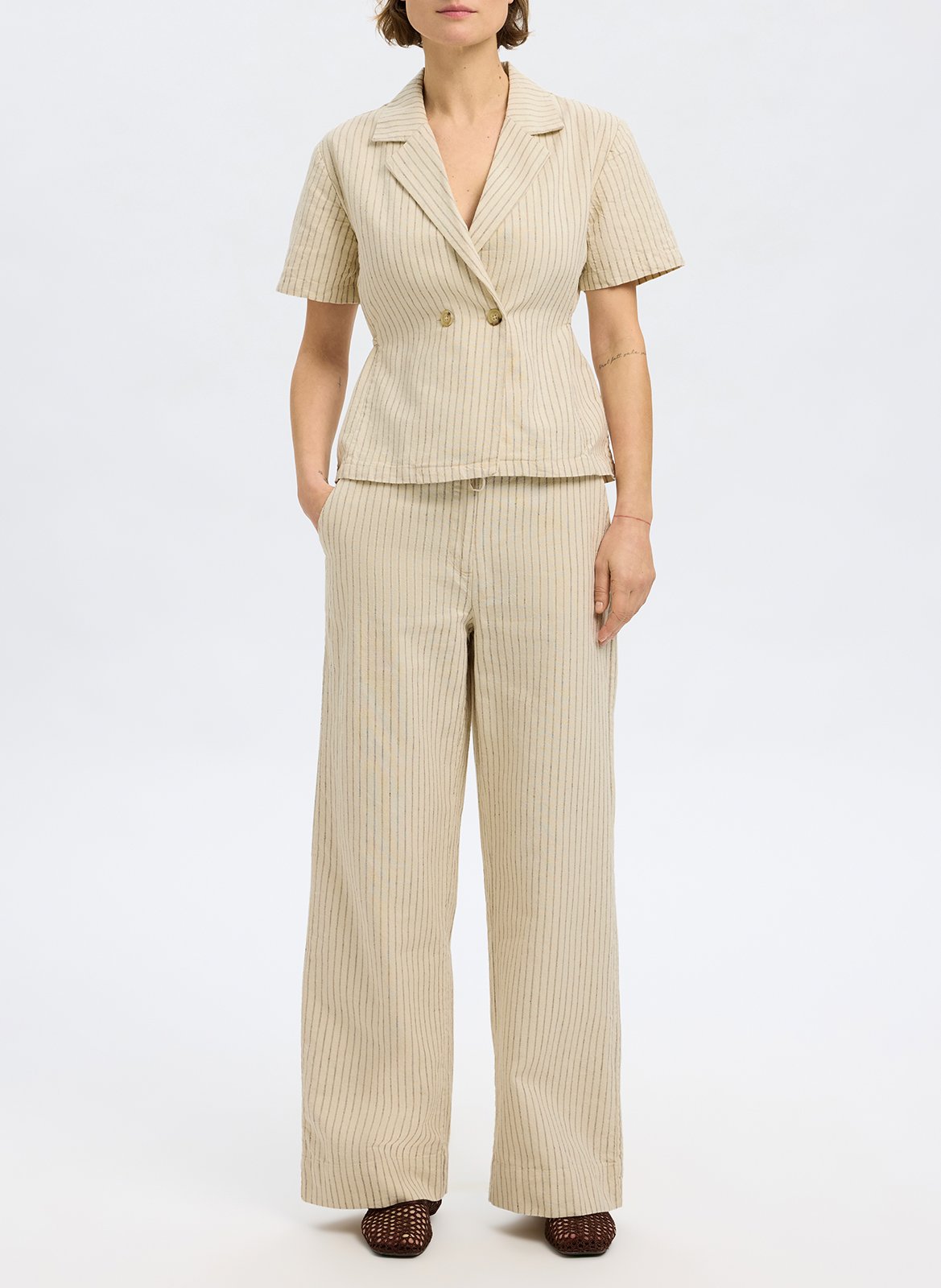 Striped organic cotton blend blazer top SELECTED Beige