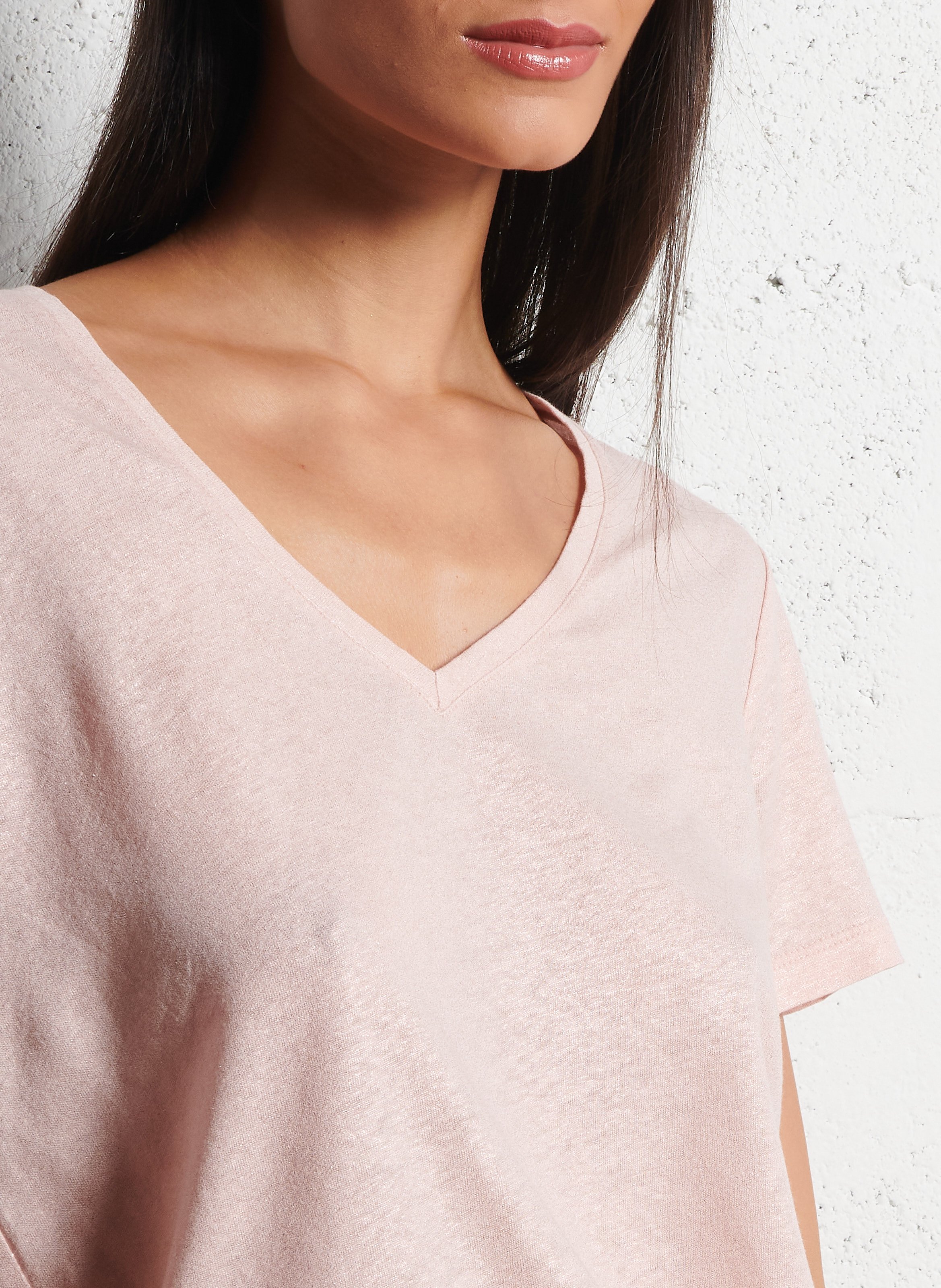 Glitzerndes V-Ausschnitt T-Shirt aus Leinenmischung IKKS Rosa