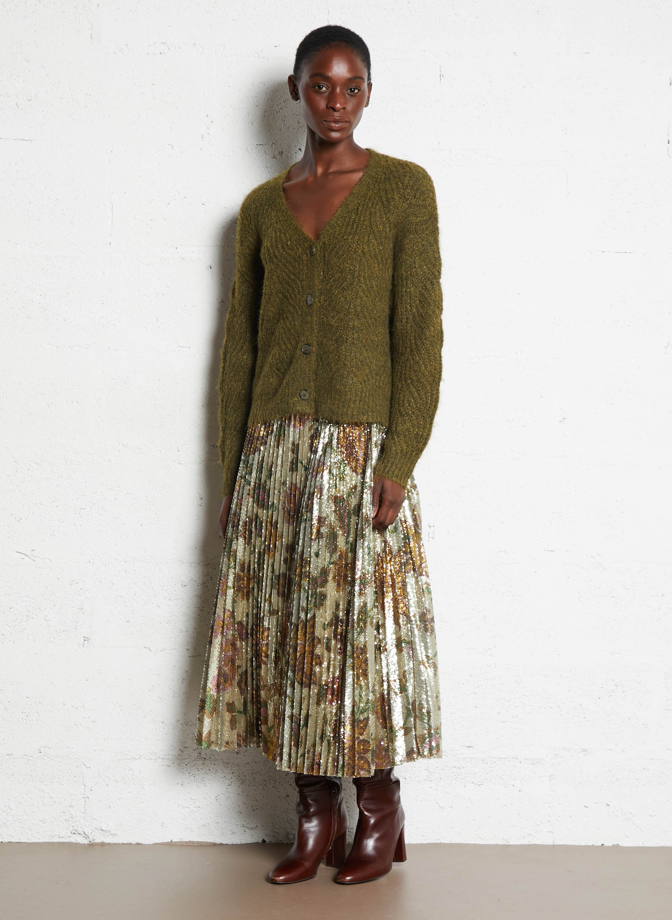 Jupe midi plissée imprimée PETITE MENDIGOTE Beige