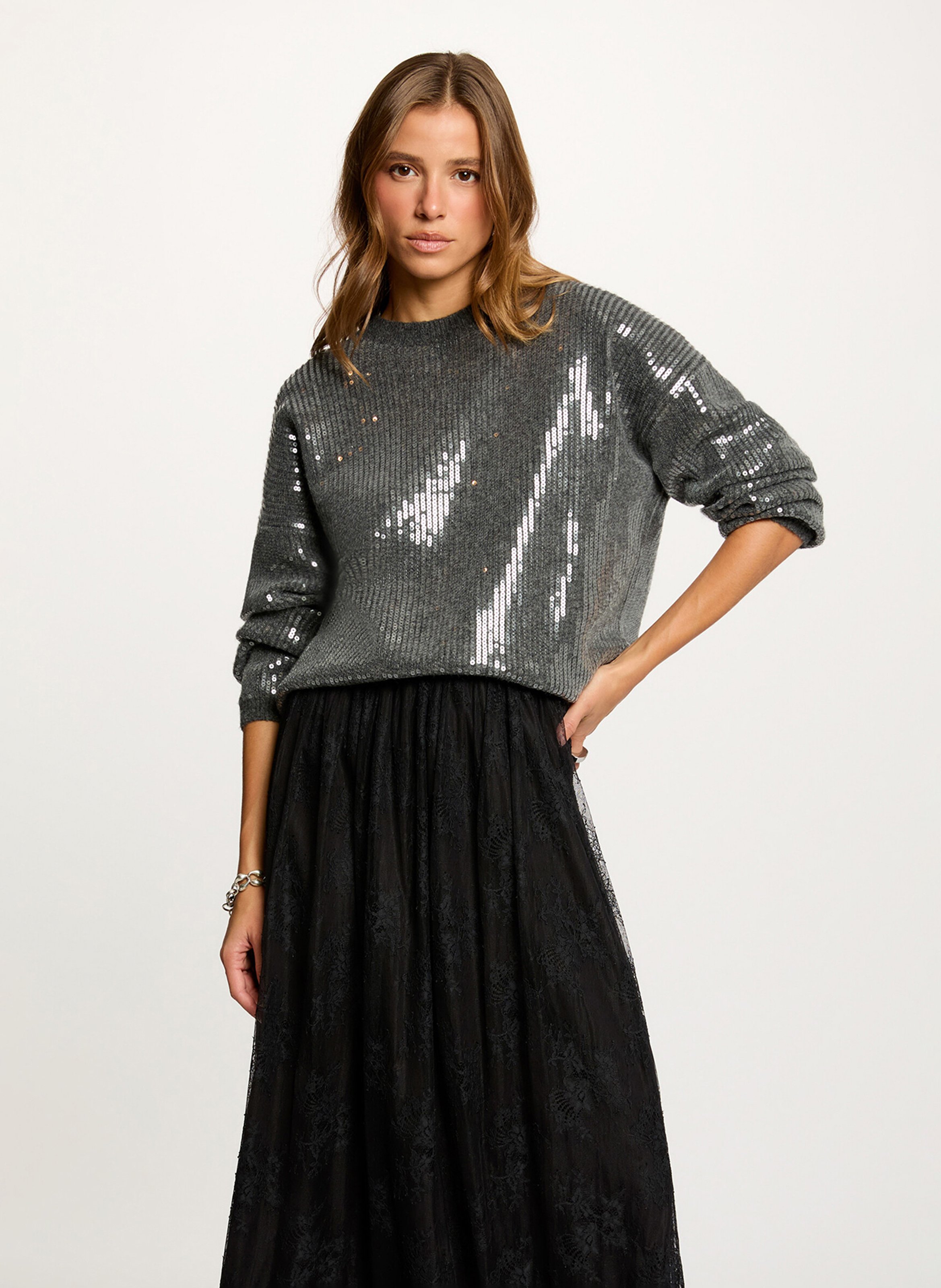 Oversized round neck sweater with sequins MORGAN Grey