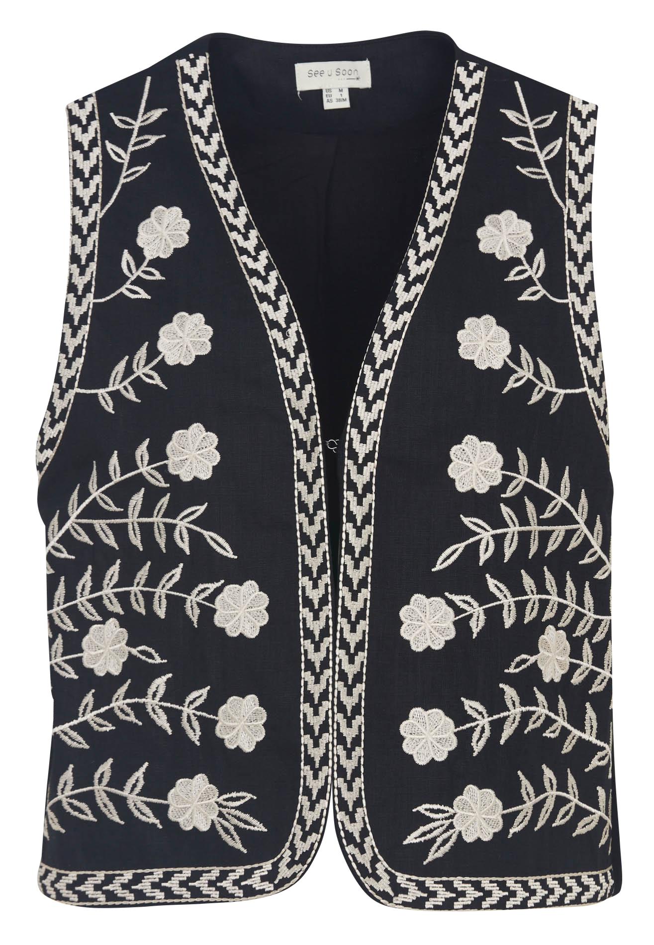 Mouwloos geborduurd linnen blend vest SEE U SOON Zwart