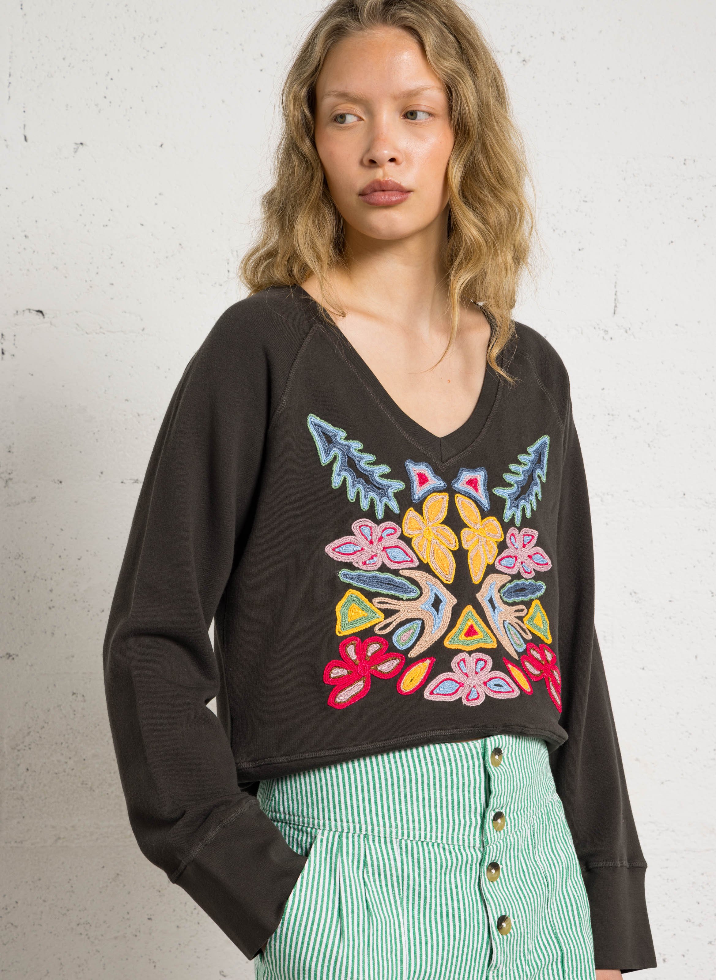 Sweat col V en coton bio LEON & HARPER Gris