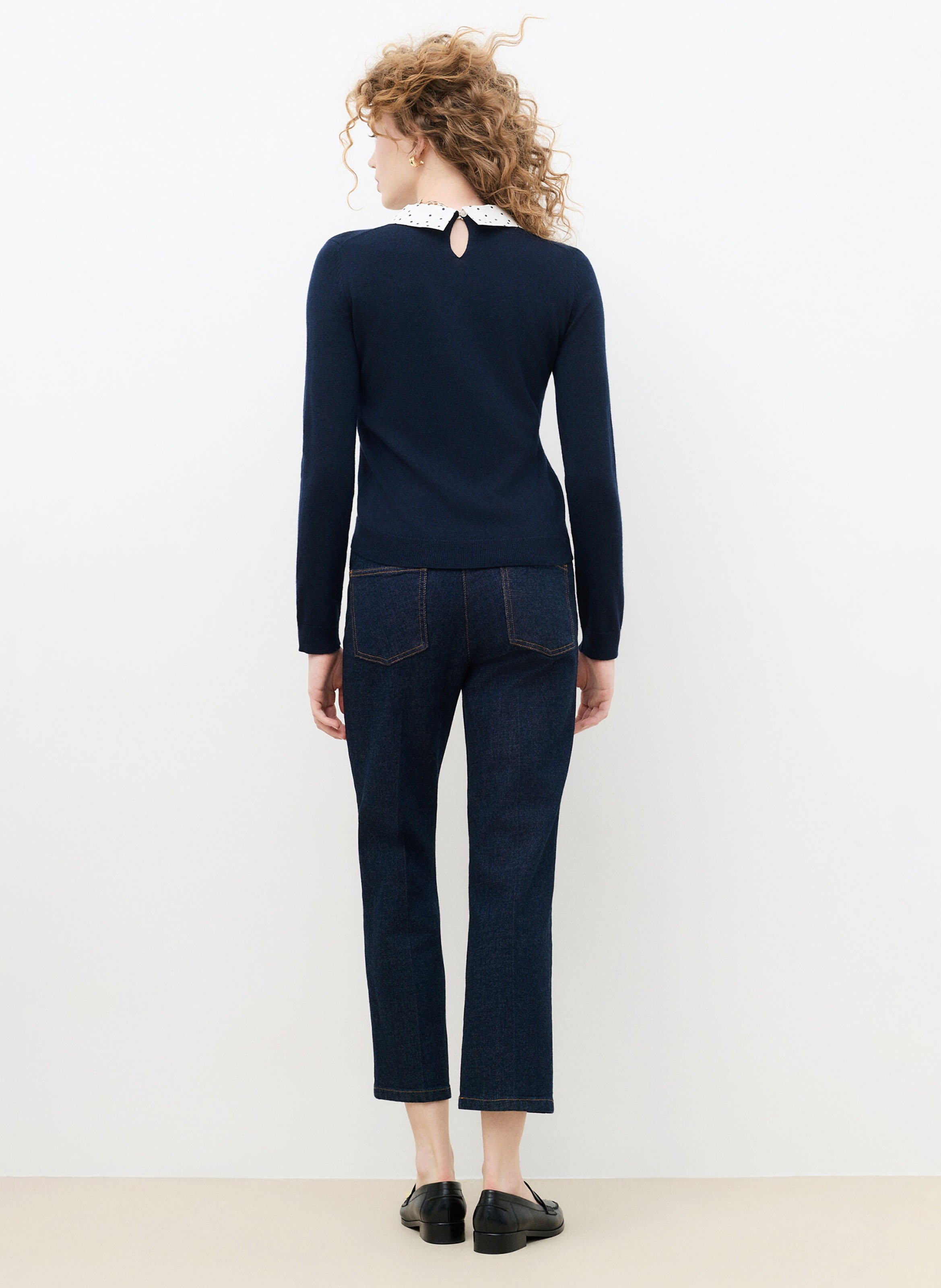 Solid straight fit sweater with polka dot collar CAROLL Blue