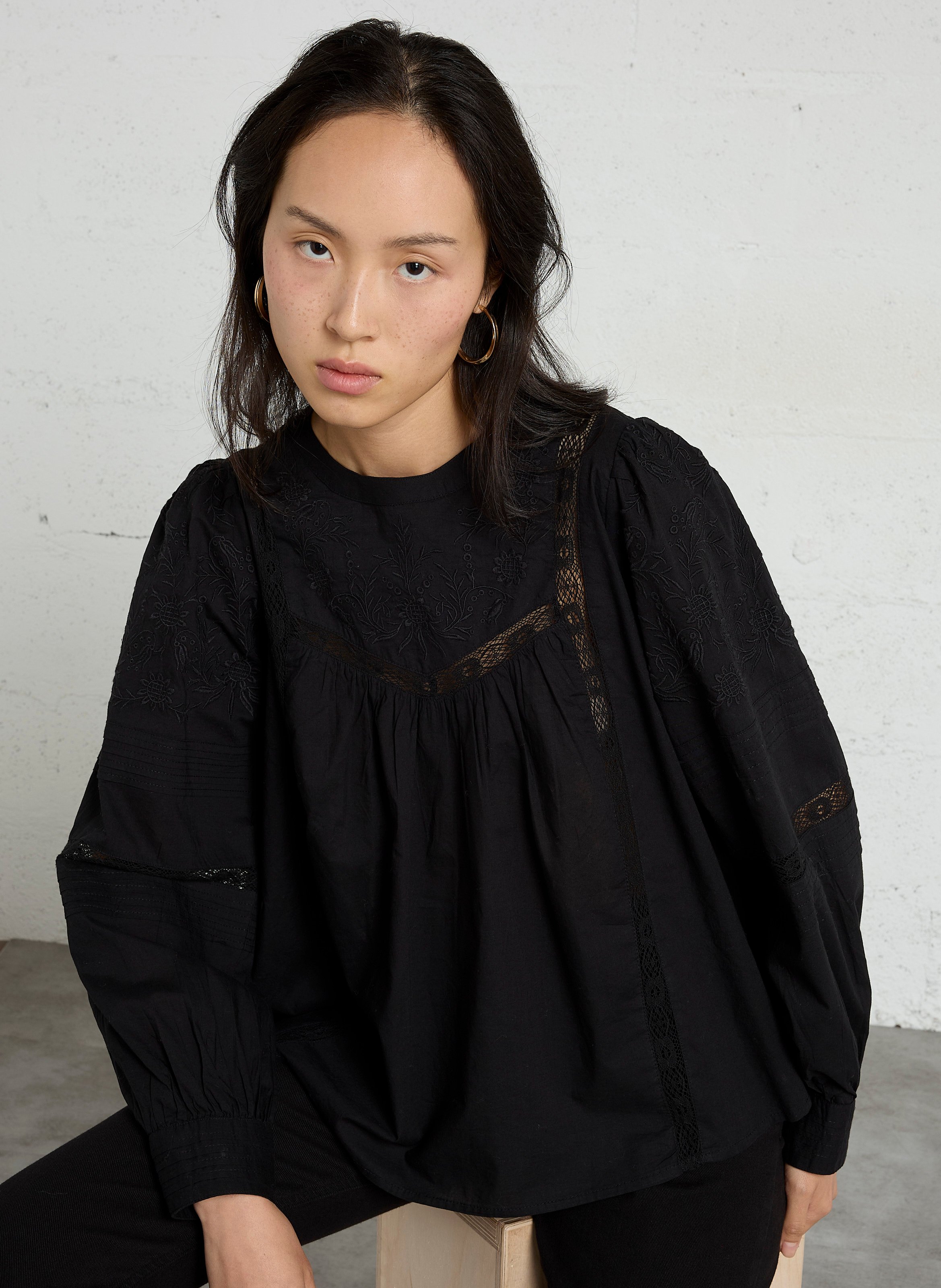 Blouse droite col rond à dentelle en coton SUD EXPRESS Noir