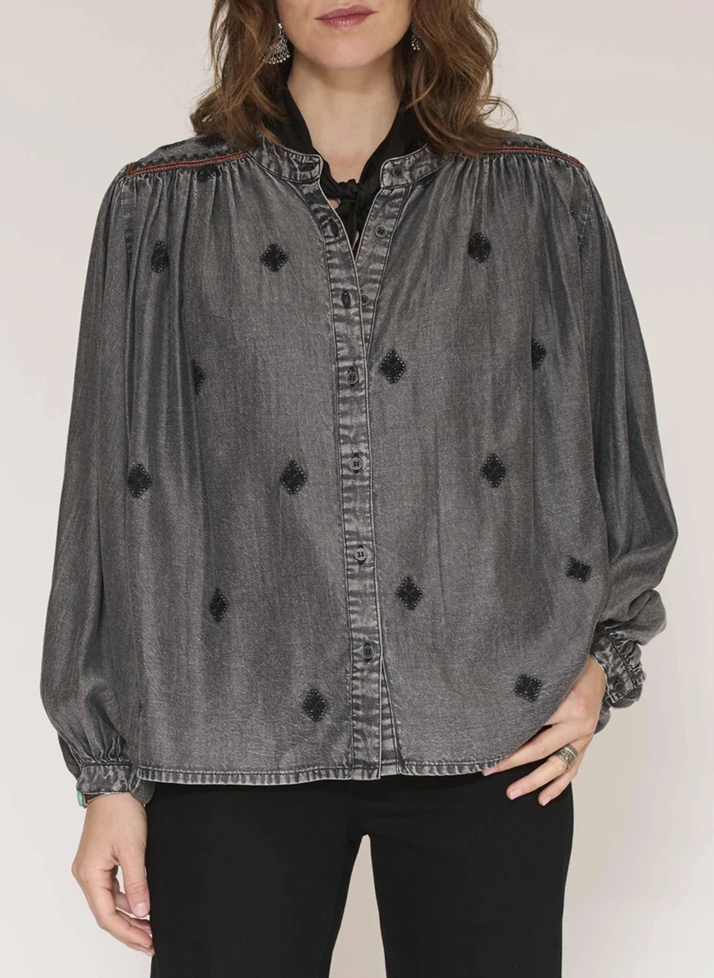 Round-neck denim blouse with embroidery MKT Grey