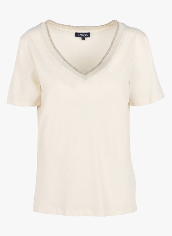 Straight cotton-Blend v-Neck t-Shirt Beige Caroll Women 4000362