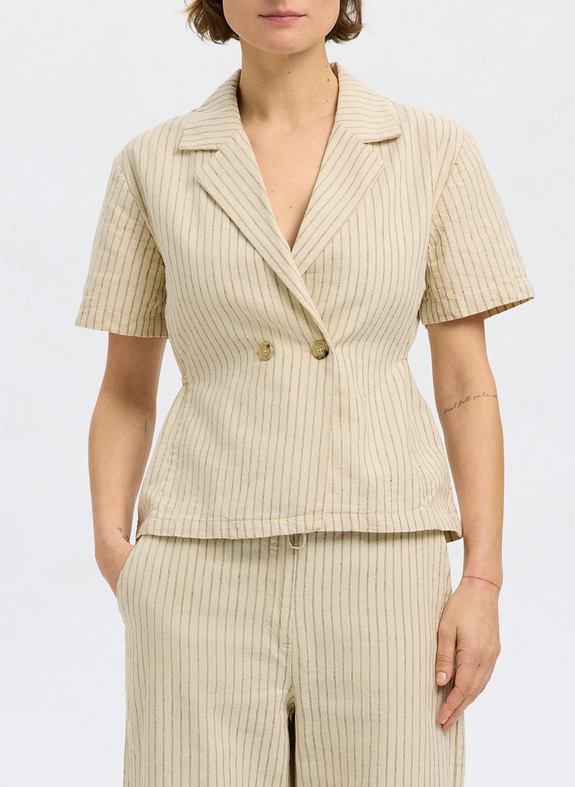 Striped organic cotton blend blazer top SELECTED Beige