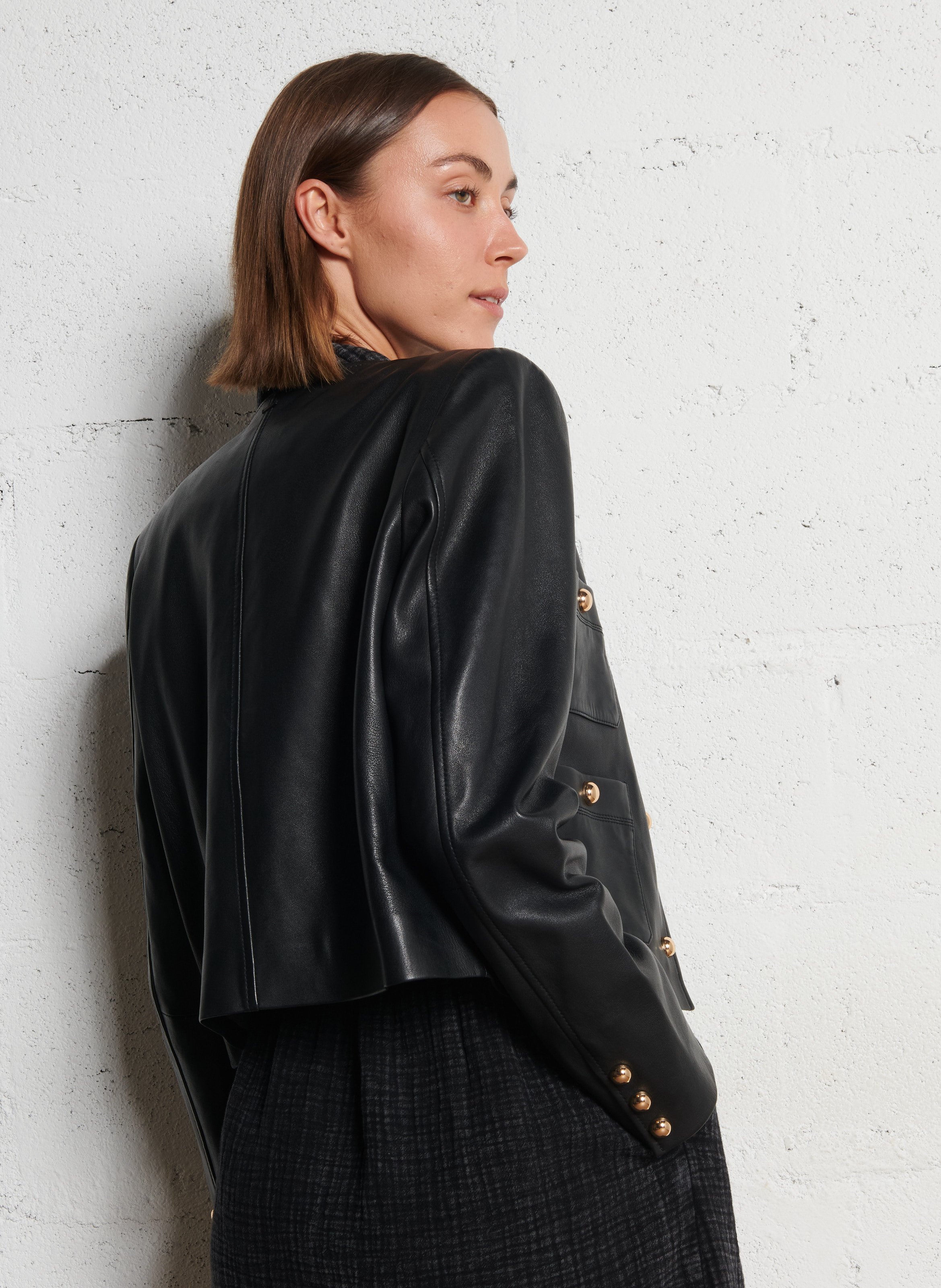 Gerade geschnittene Lederjacke mit Rundhalsausschnitt IKKS Schwarz