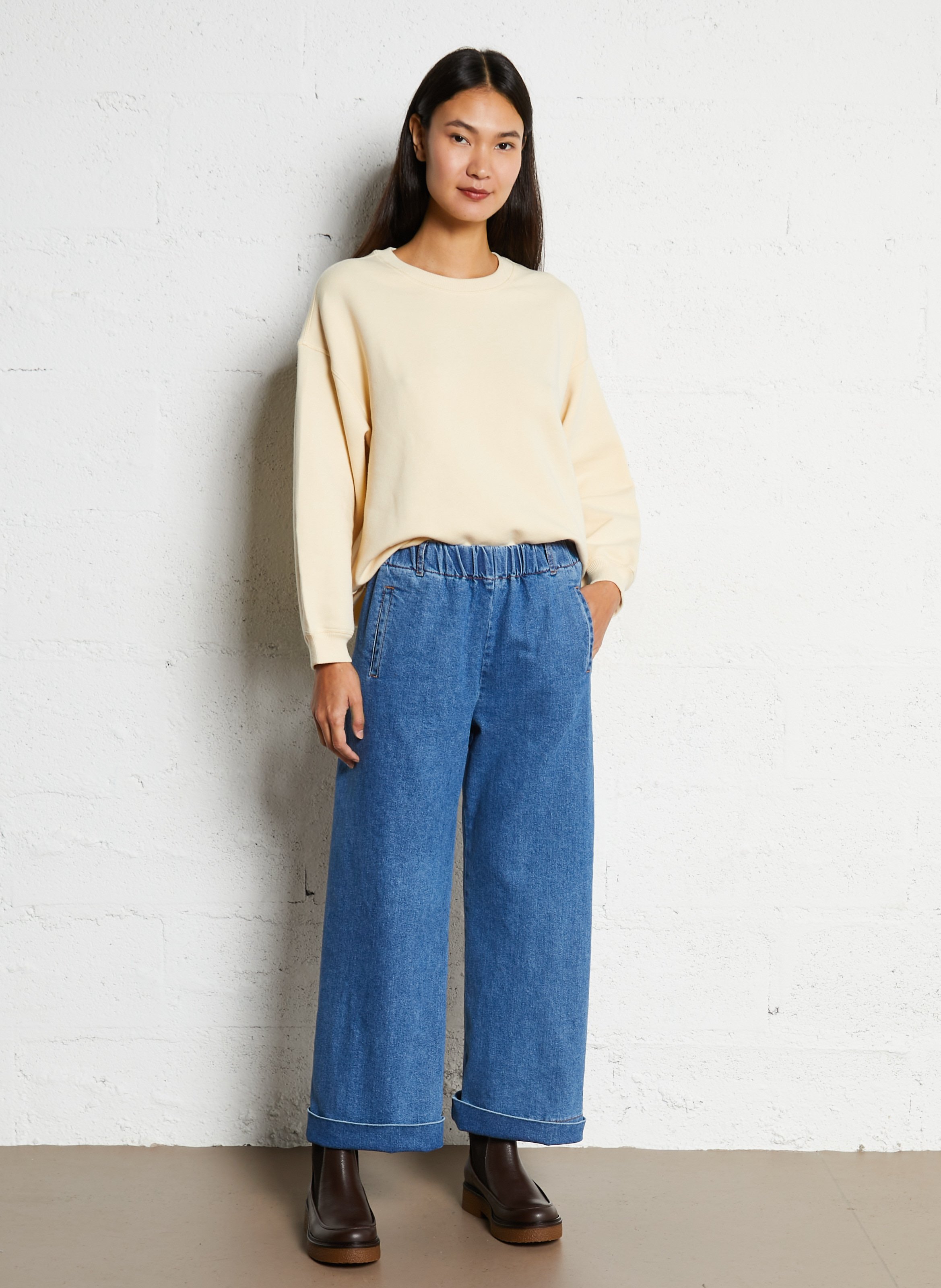 Jean large en denim de coton mélangé Bleu