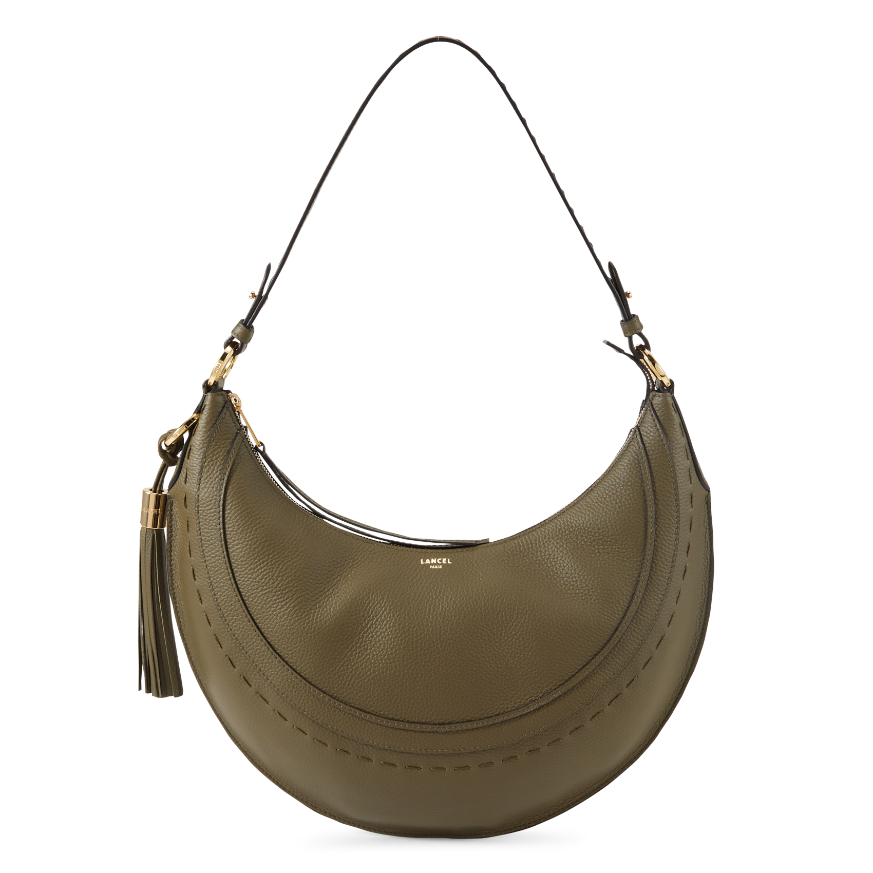 Uni-Farbene, mit Reißverschluss versehene Hobo-Tasche aus Leder. LANCEL Khaki