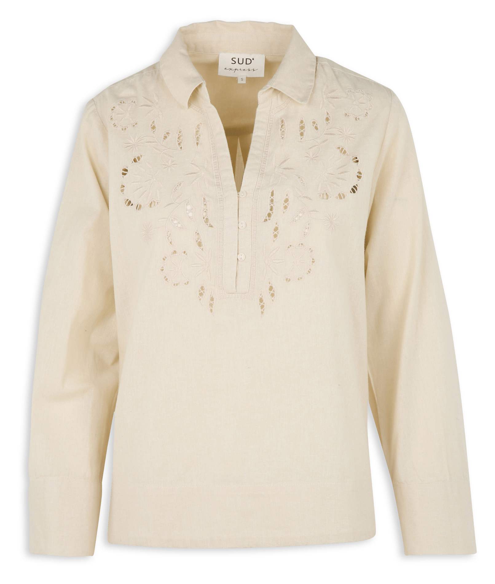 Oversize Bluse mit türkischem Kragen aus Baumwolle und Leinen, bestickt. SUD EXPRESS Beige