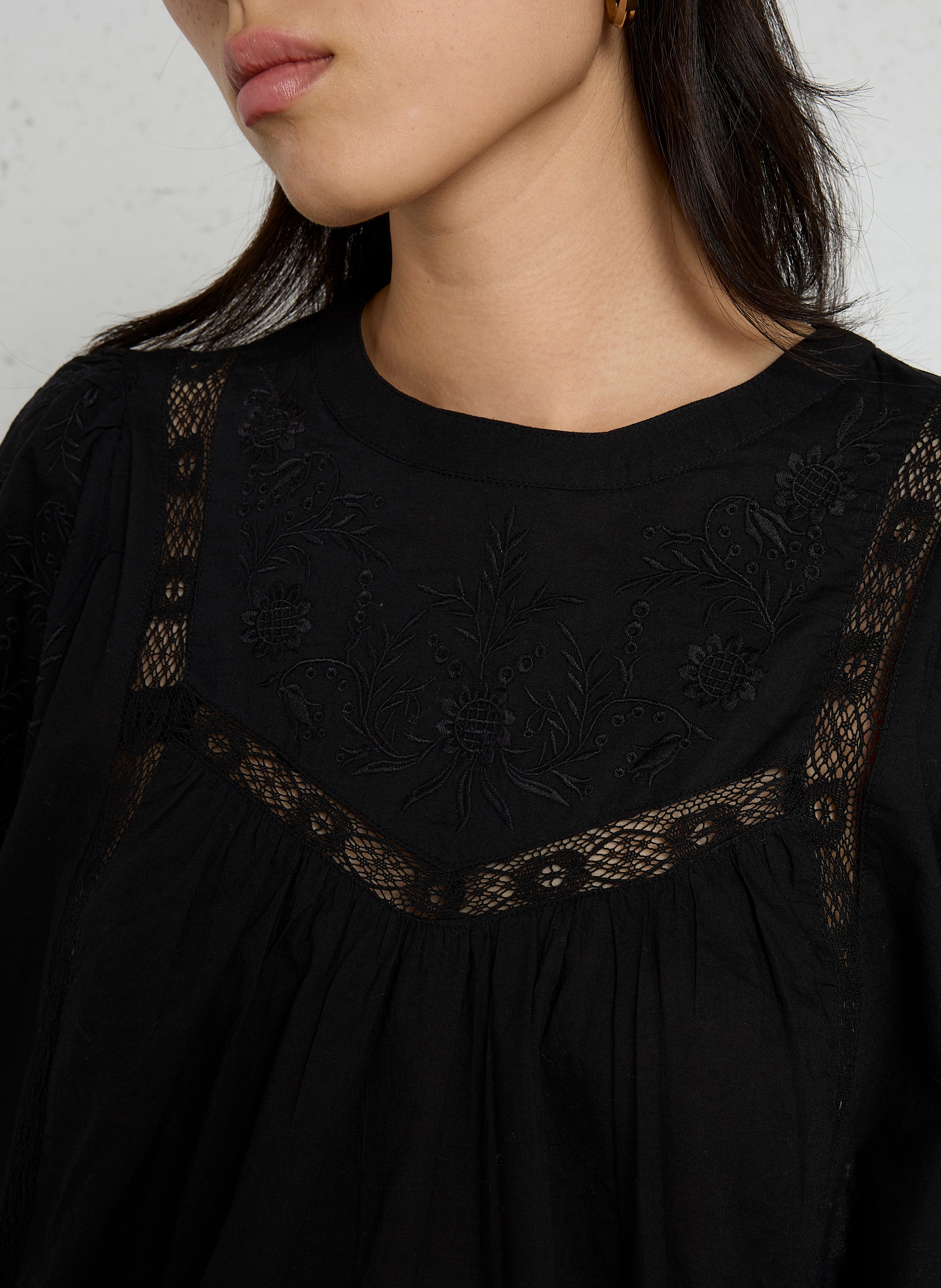 Blouse droite col rond à dentelle en coton SUD EXPRESS Noir