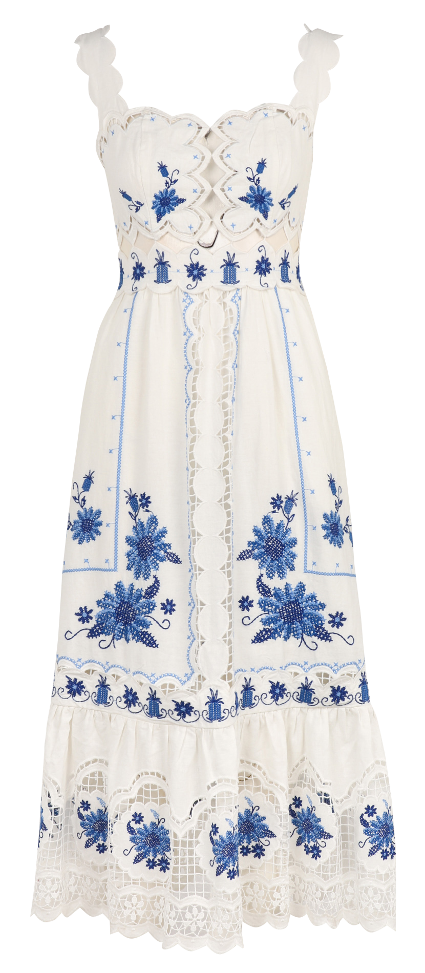Long embroidered linen blend dress FARM RIO White