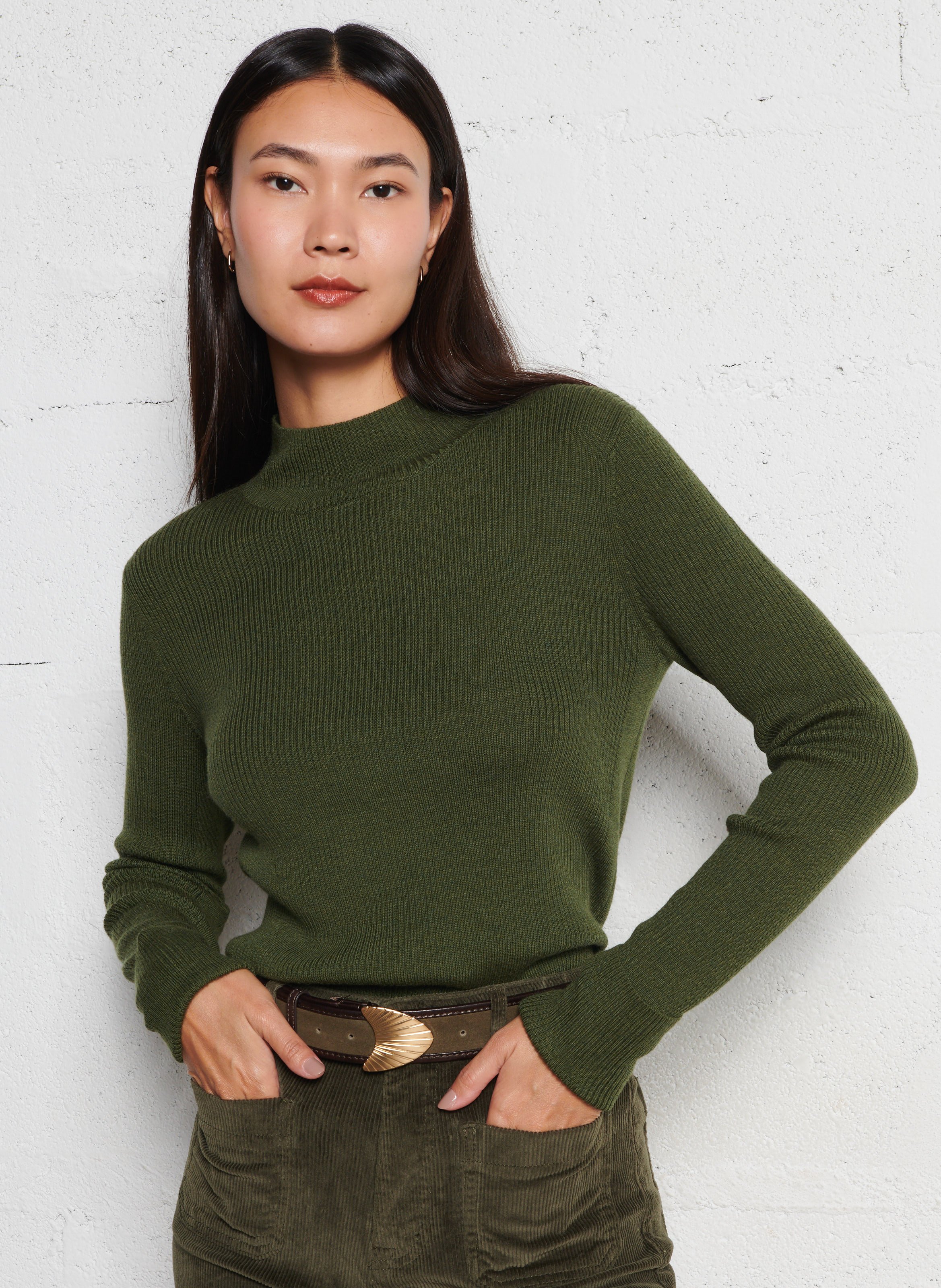 Pull ajusté col montant en laine BENSIMON Kaki