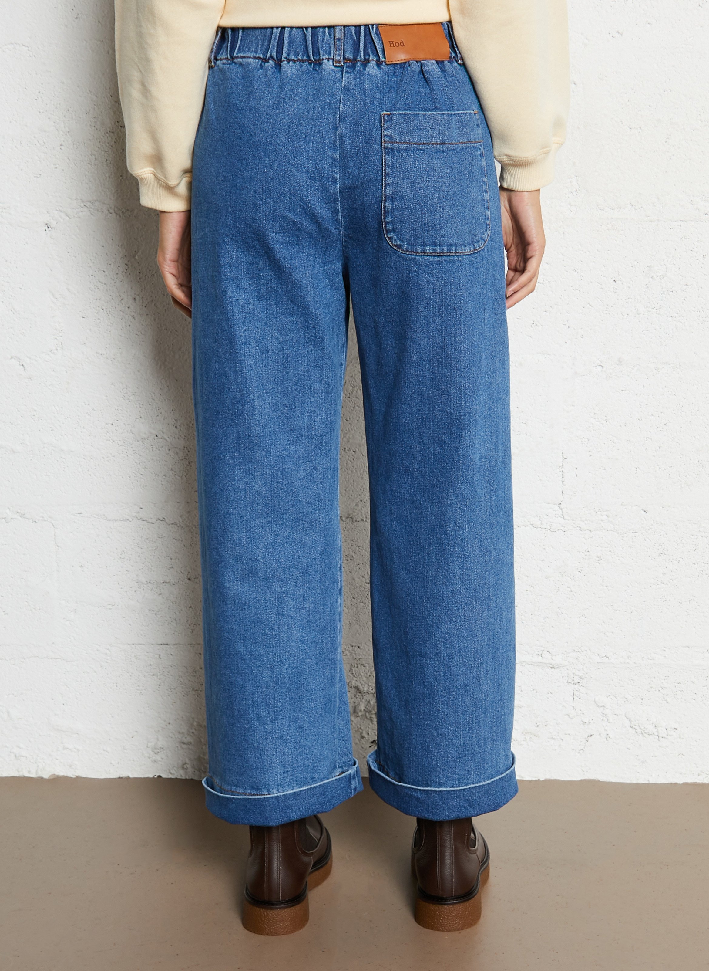 Jean large en denim de coton mélangé Bleu