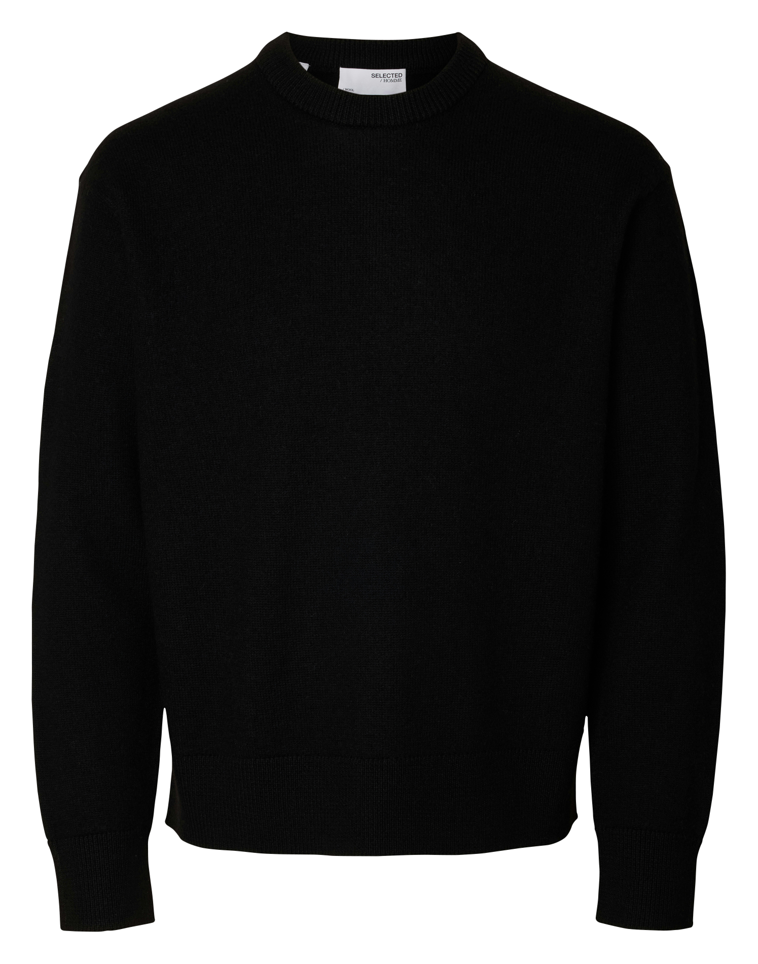 Pull droit à col rond uni en laine SELECTED Noir