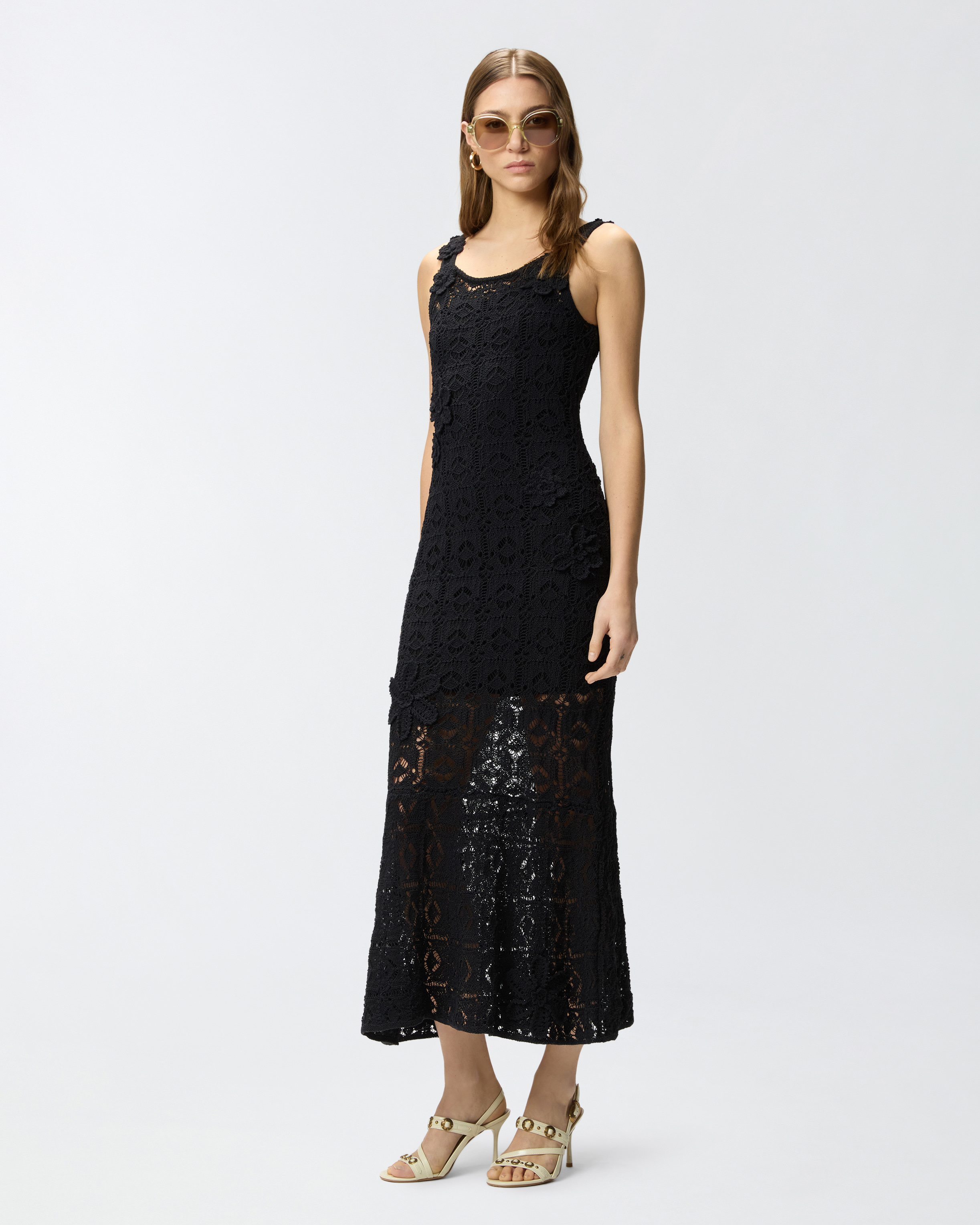 Midi dress with crochet effect and appliquéd flowers PINKO Black