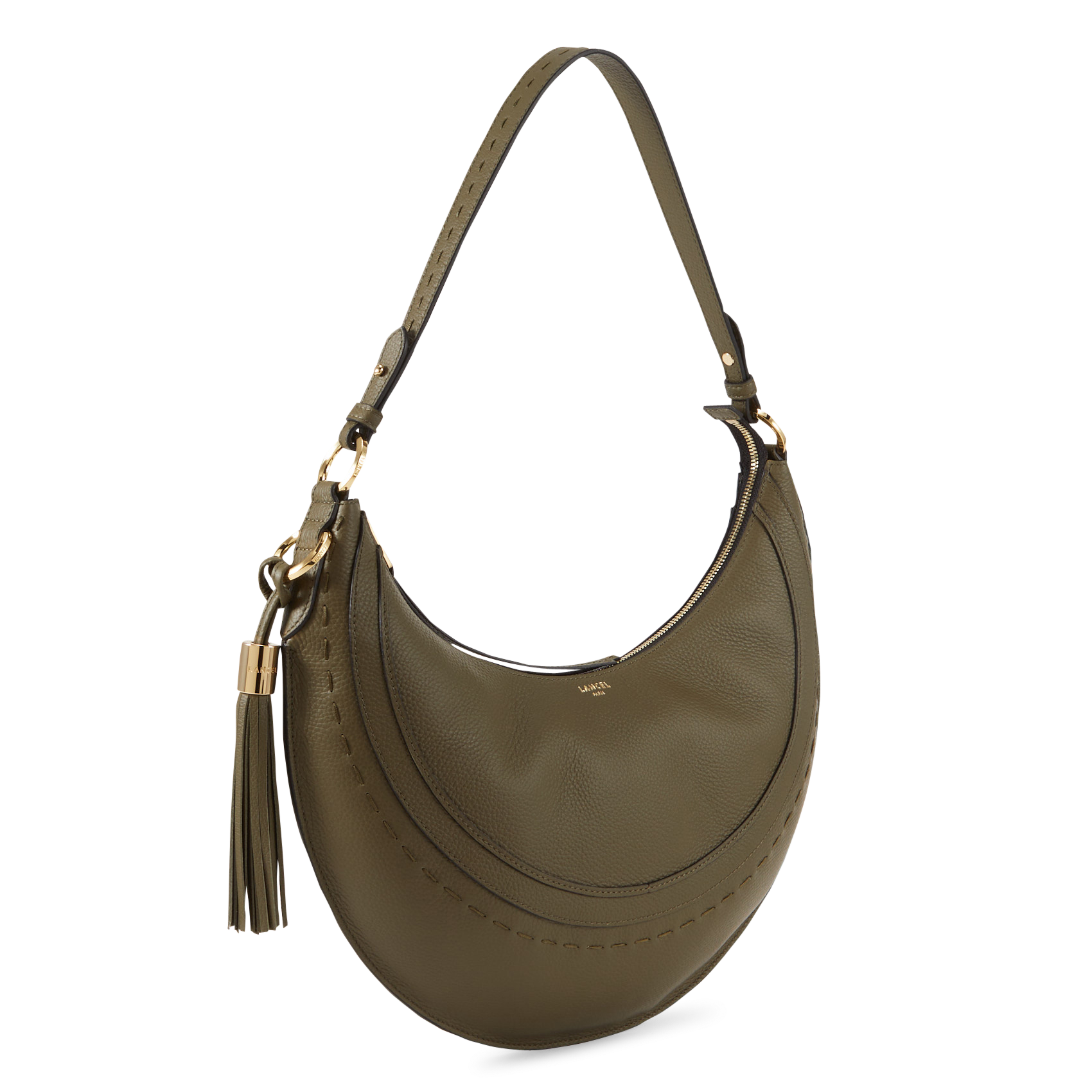 Uni-Farbene, mit Reißverschluss versehene Hobo-Tasche aus Leder. LANCEL Khaki