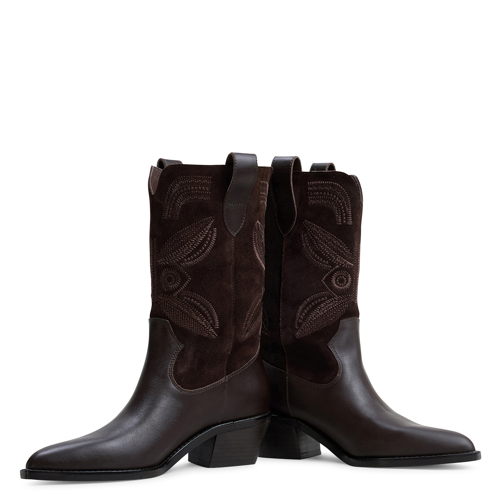 Pointed toe leather boots with stitching JONAK Brown