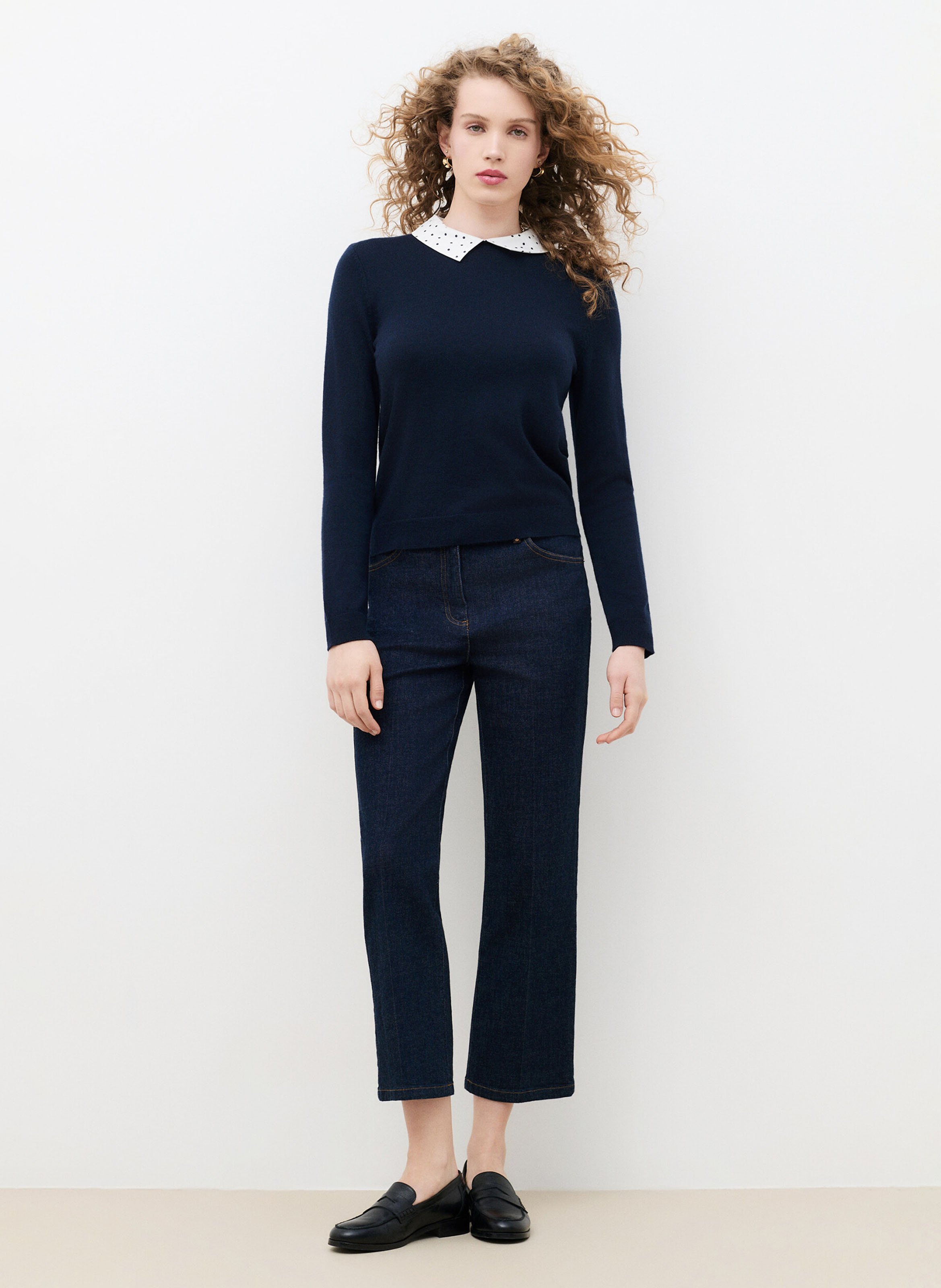 Solid straight fit sweater with polka dot collar CAROLL Blue