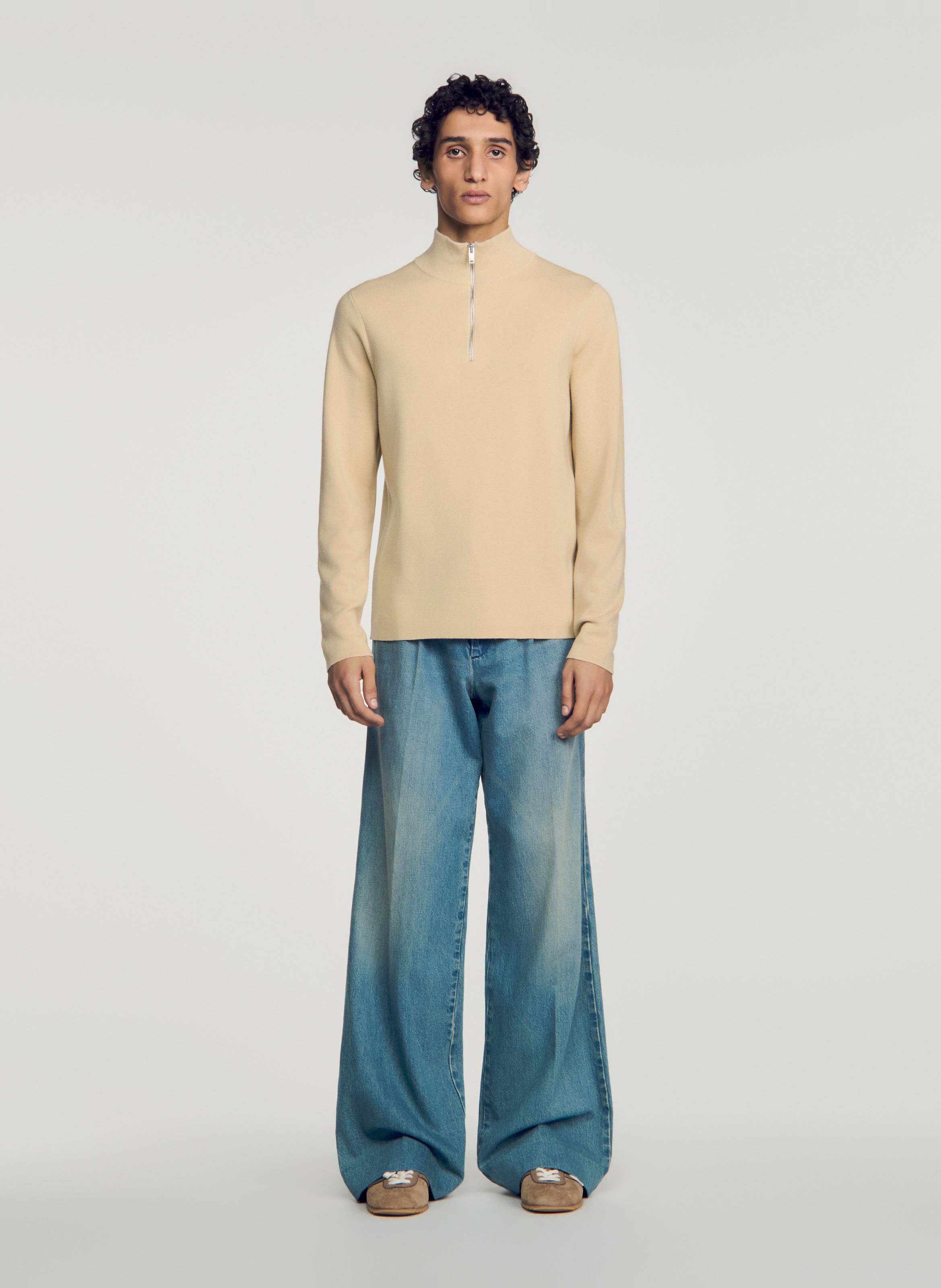 Gerade geschnittener Wollpullover mit Stehkragen und Reißverschluss SANDRO Beige