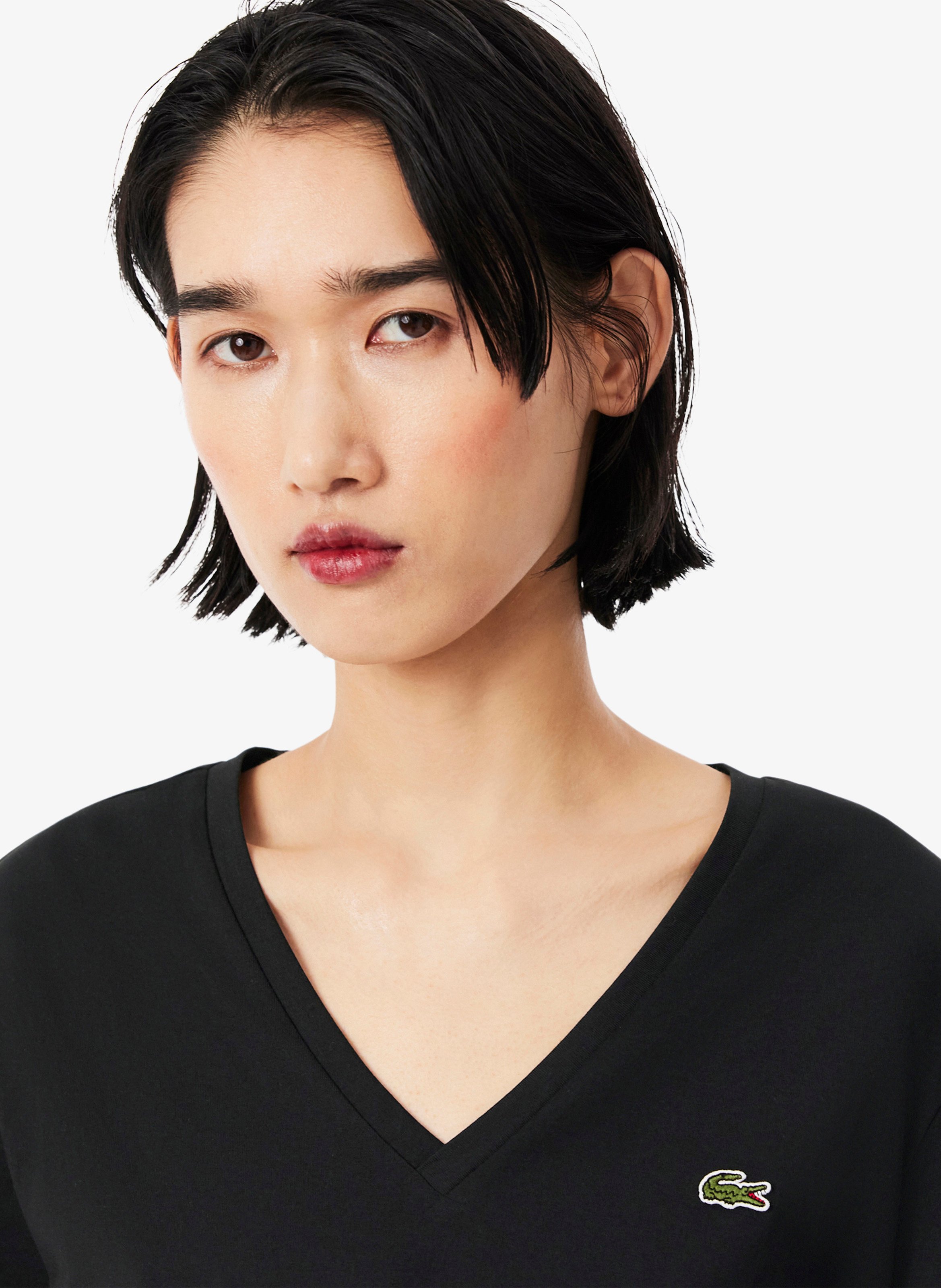 T-Shirt mit V-Ausschnitt aus Baumwolle LACOSTE Schwarz