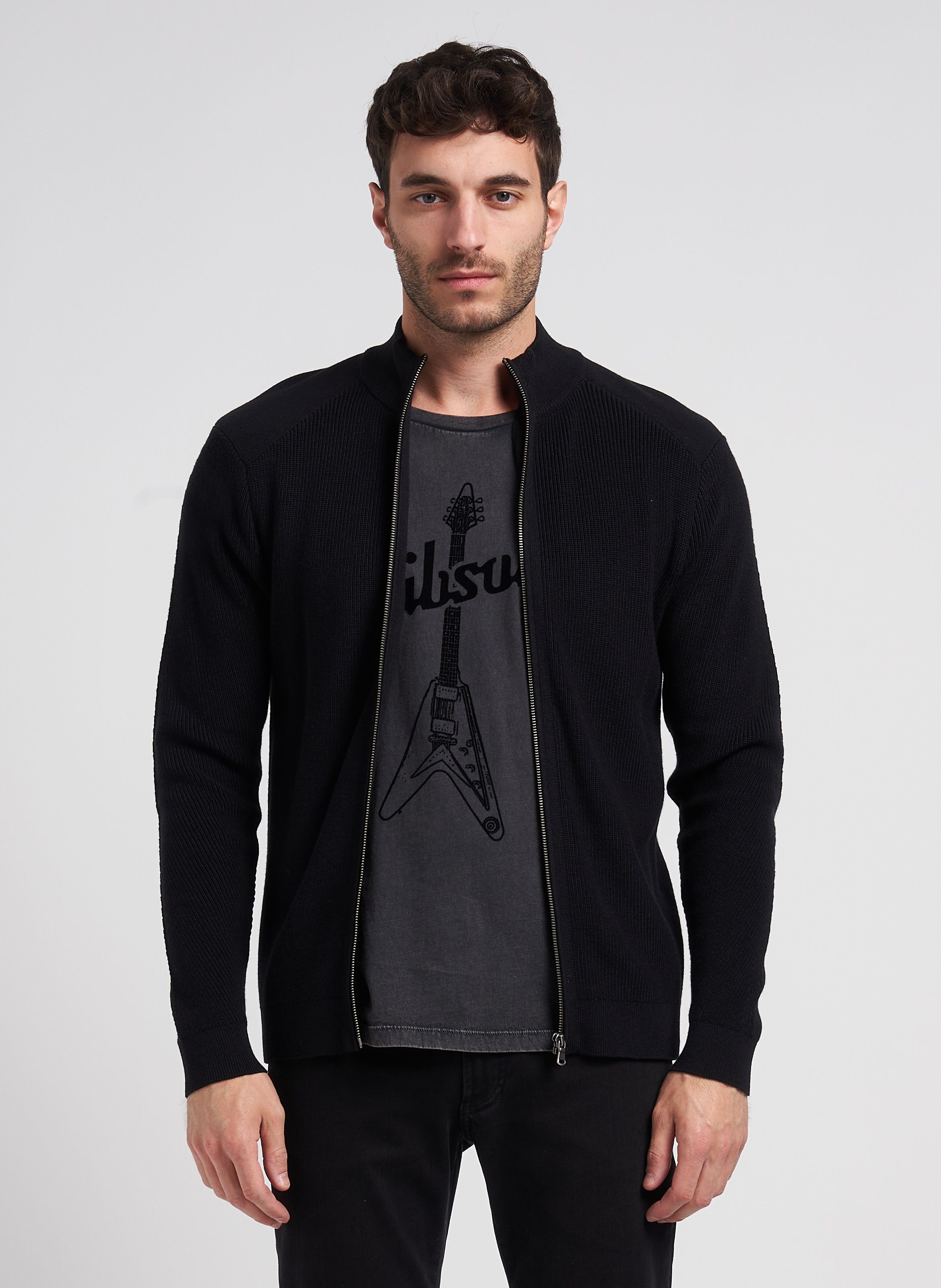 Black Zip up high neck cotton blend cardigan