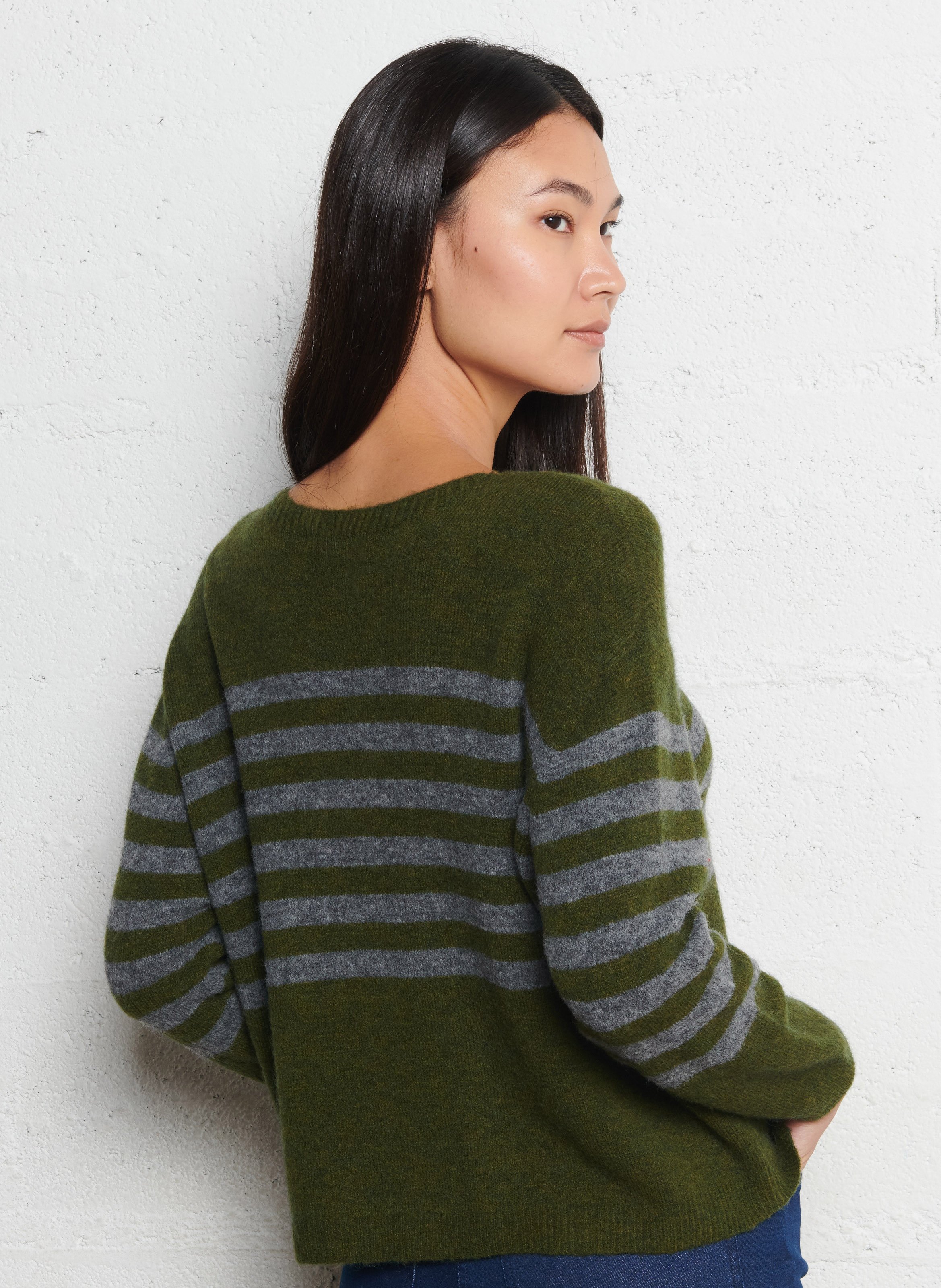 Pull ample col bateau à rayures NICE THINGS Kaki