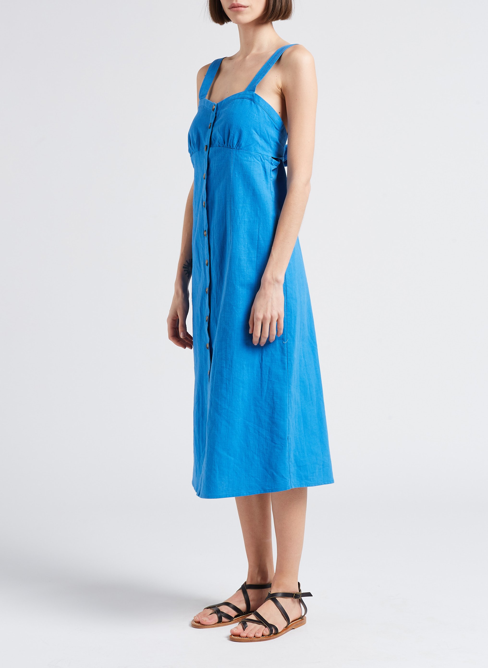 Robe mi-longue décolleté coeur en coton et en lin mélangés LA PETITE ETOILE Bleu