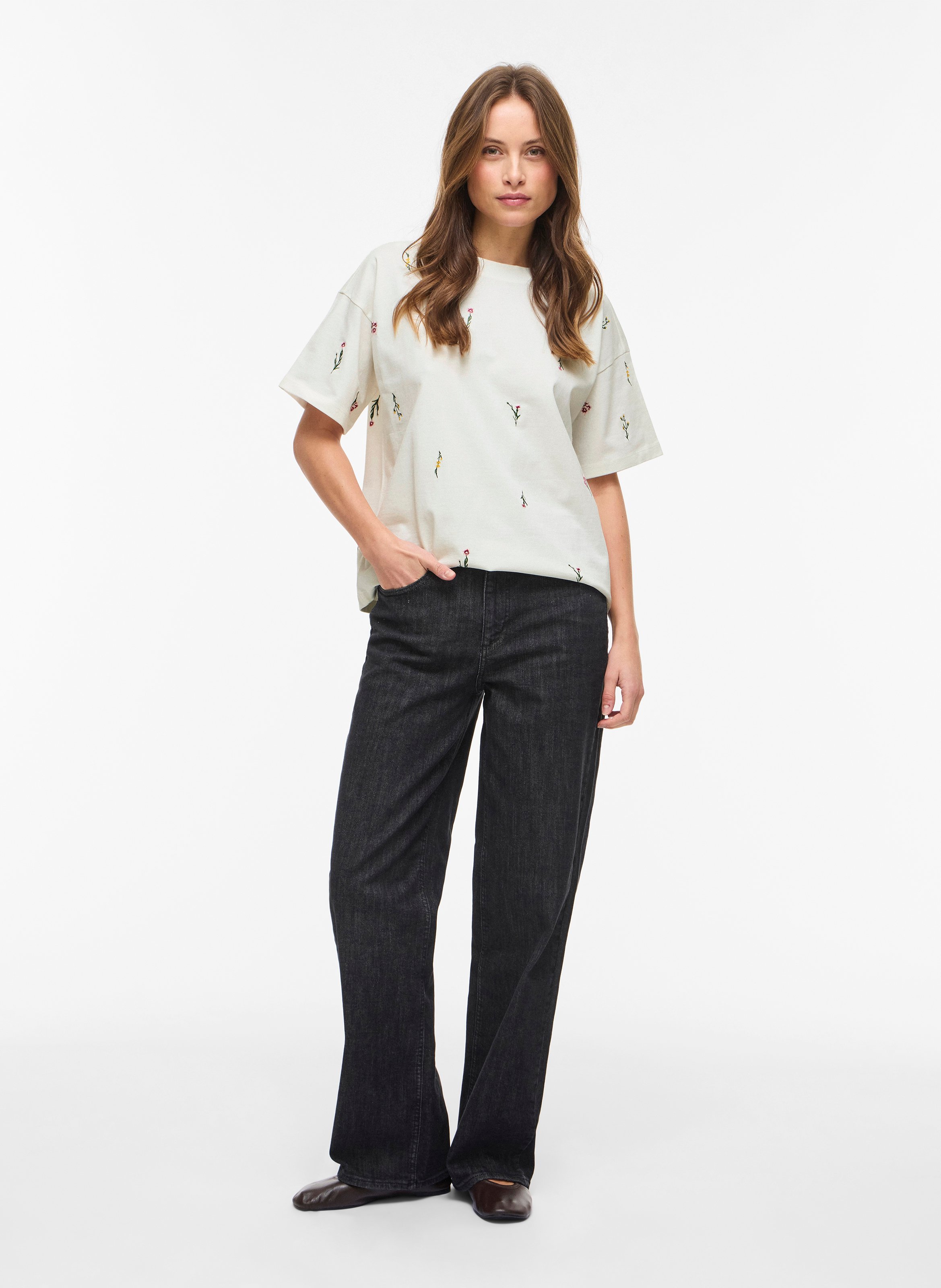 Tee-shirt ample à fleurs brodées VILA Blanc