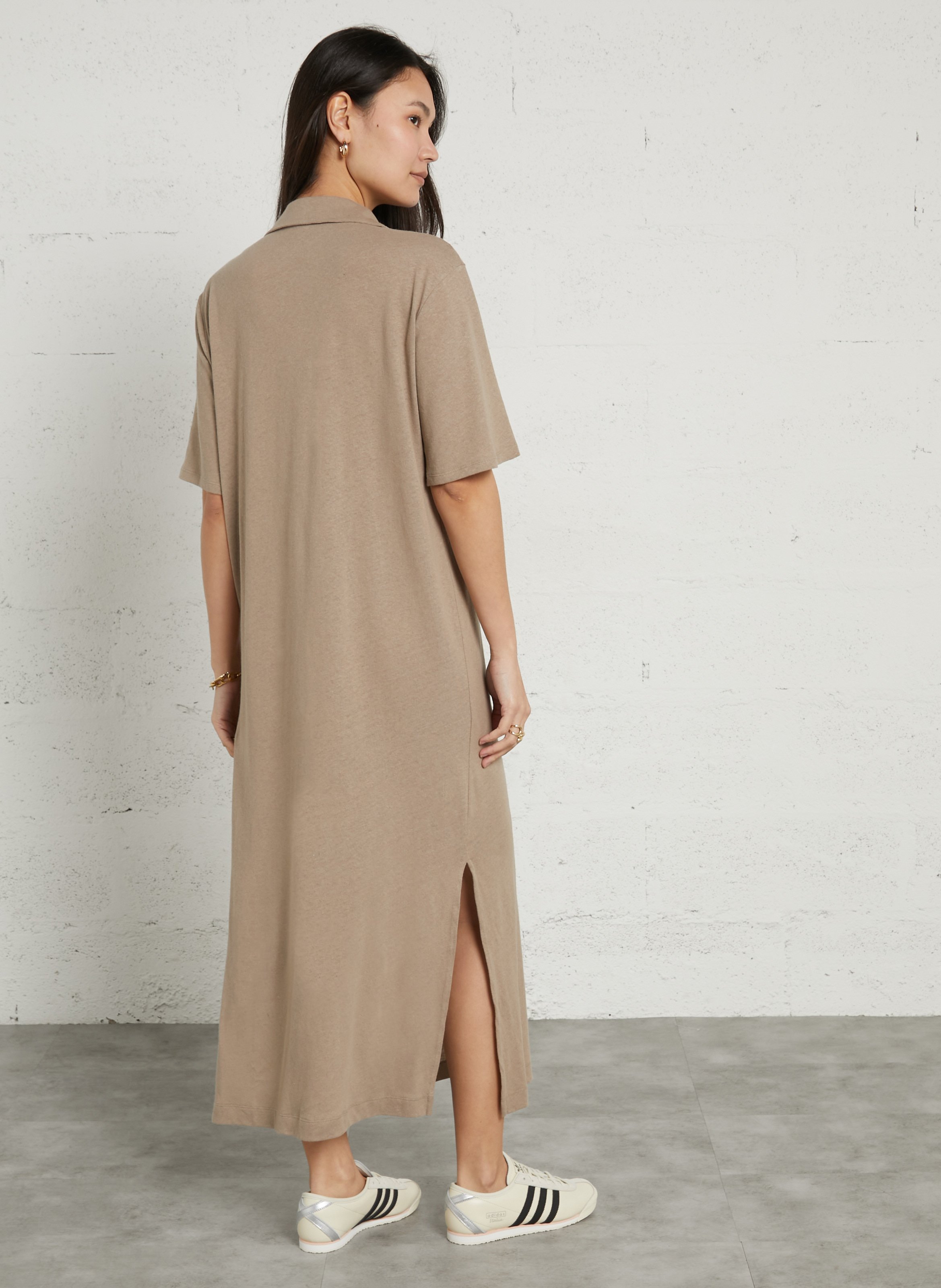 Robe longue col polo en coton et en laine mélangés MAJESTIC FILATURES Beige