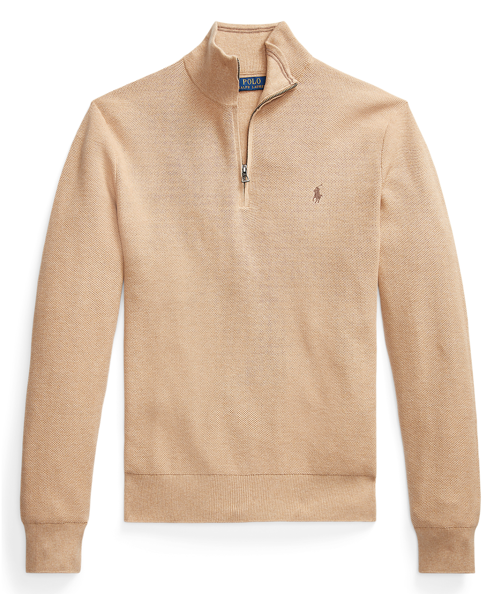 Cotton piqué high-neck zipped sweater Beige